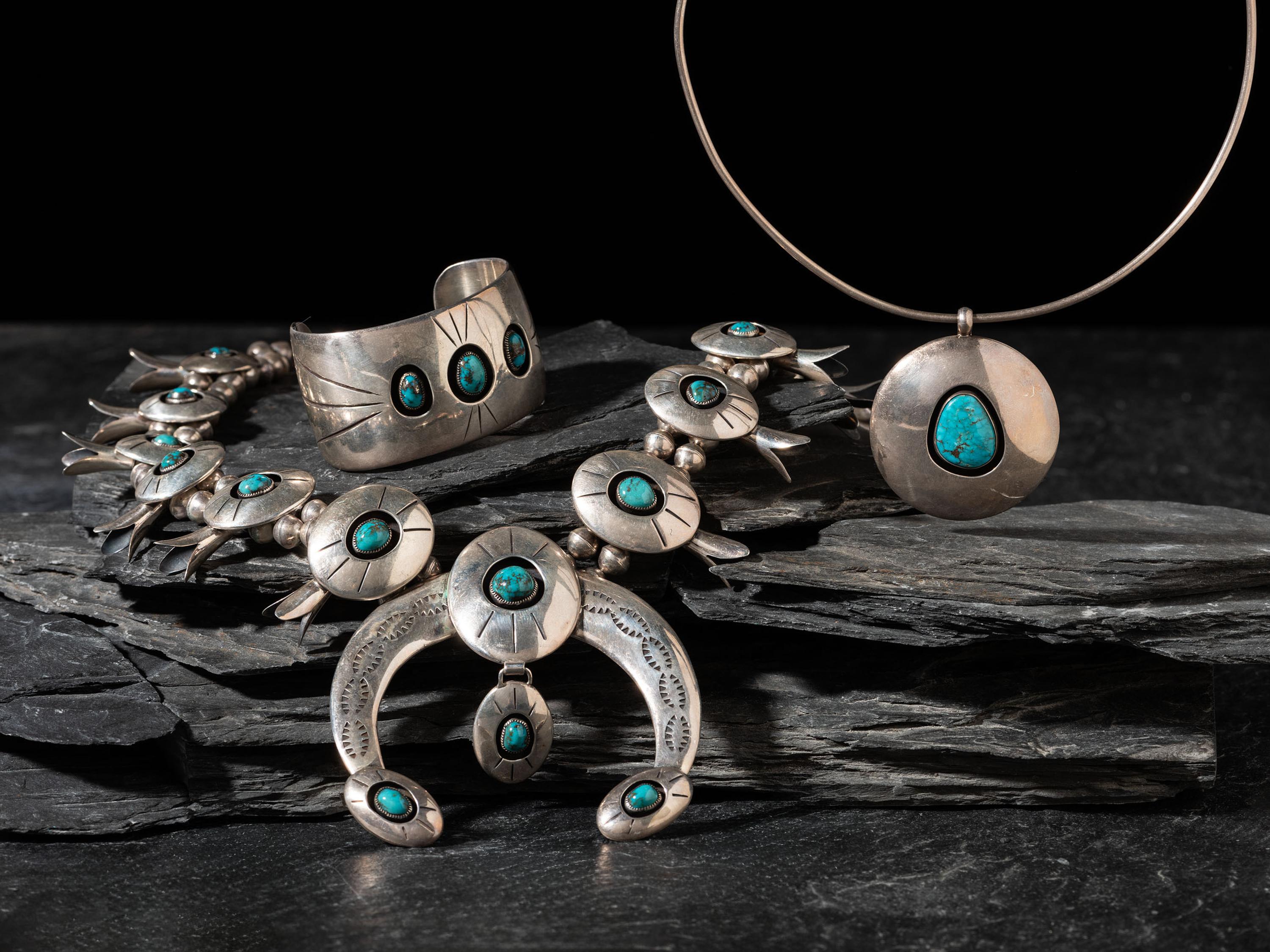 Navajo Silver and Shadow Box Set Turquoise Jewelry
