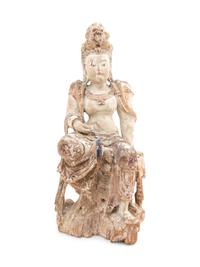 A Chinese Polychrome Painted Wood Figure of Guanyin