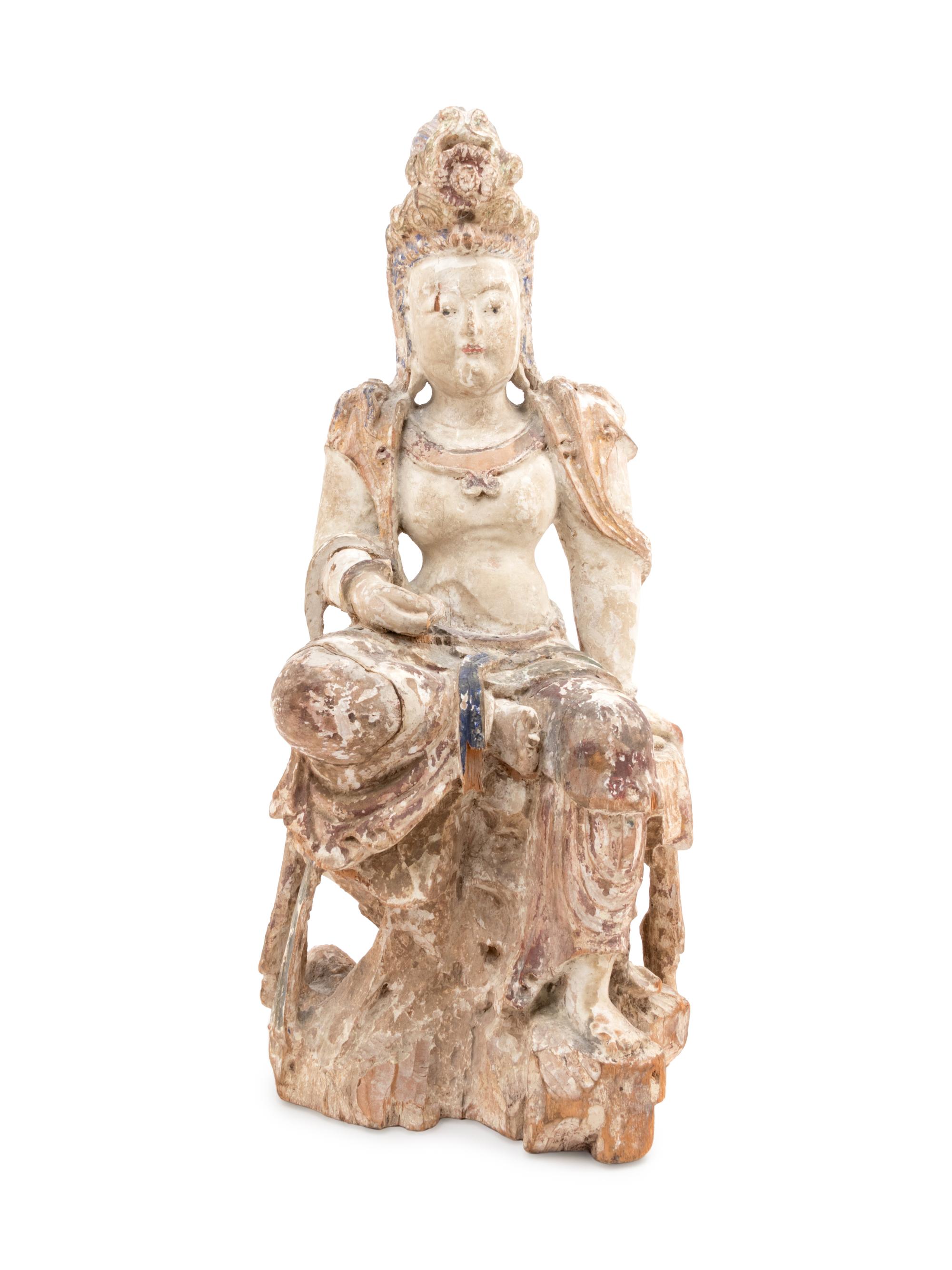A Chinese Polychrome Painted Wood Figure of Guanyin