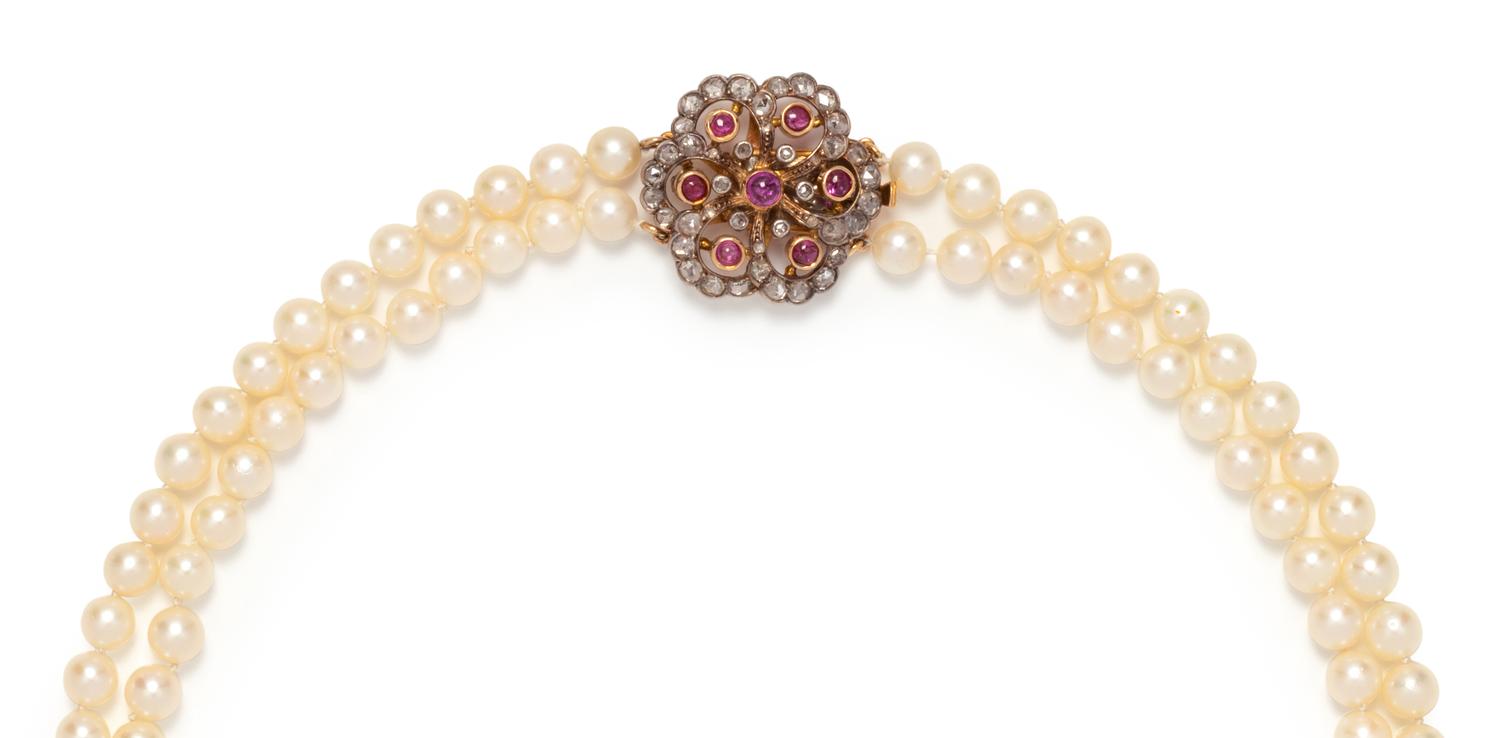 CULTURED PEARL, RUBY AND DIAMOND NECKLACE