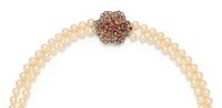 CULTURED PEARL, RUBY AND DIAMOND NECKLACE
