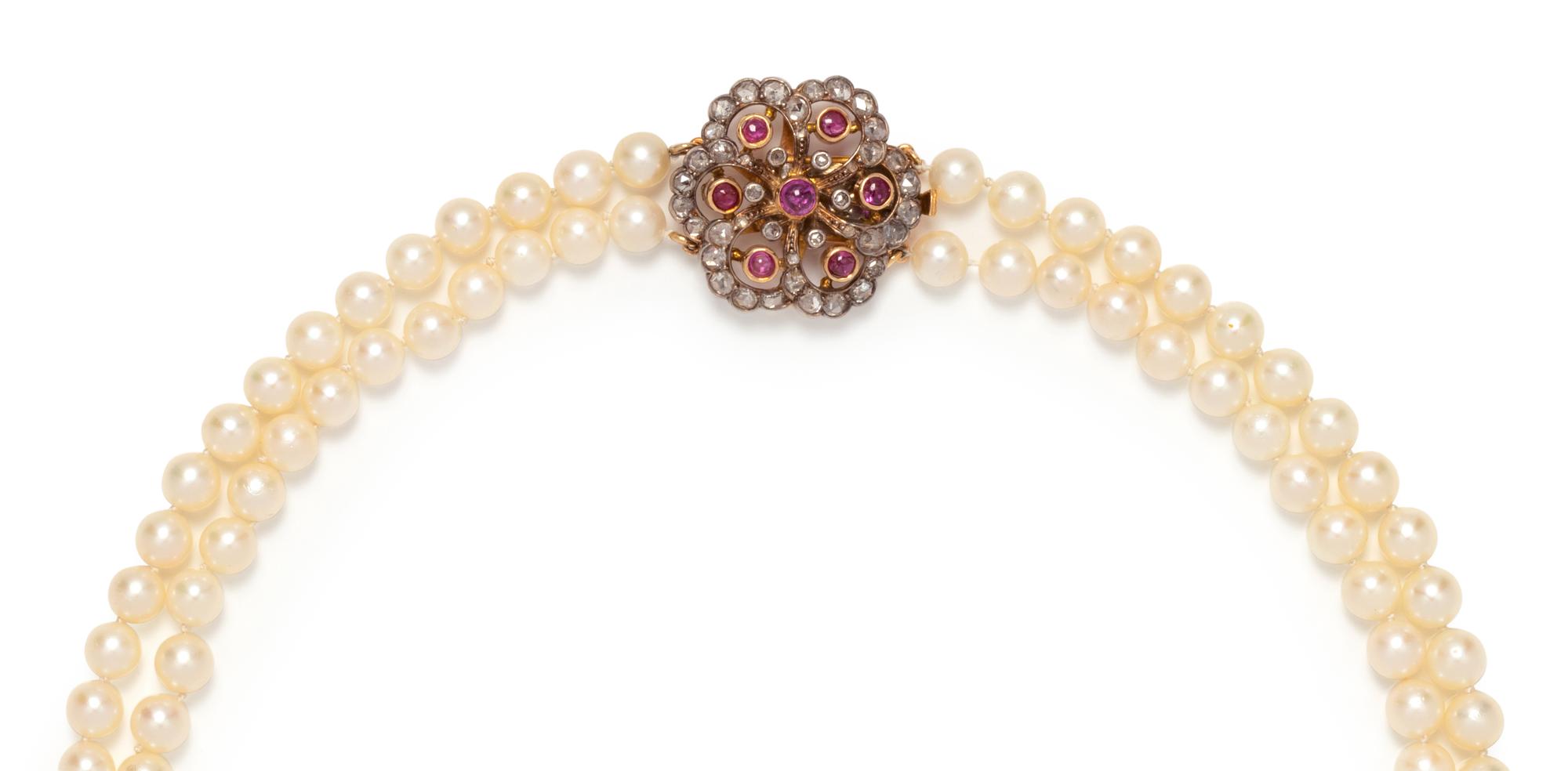 CULTURED PEARL, RUBY AND DIAMOND NECKLACE