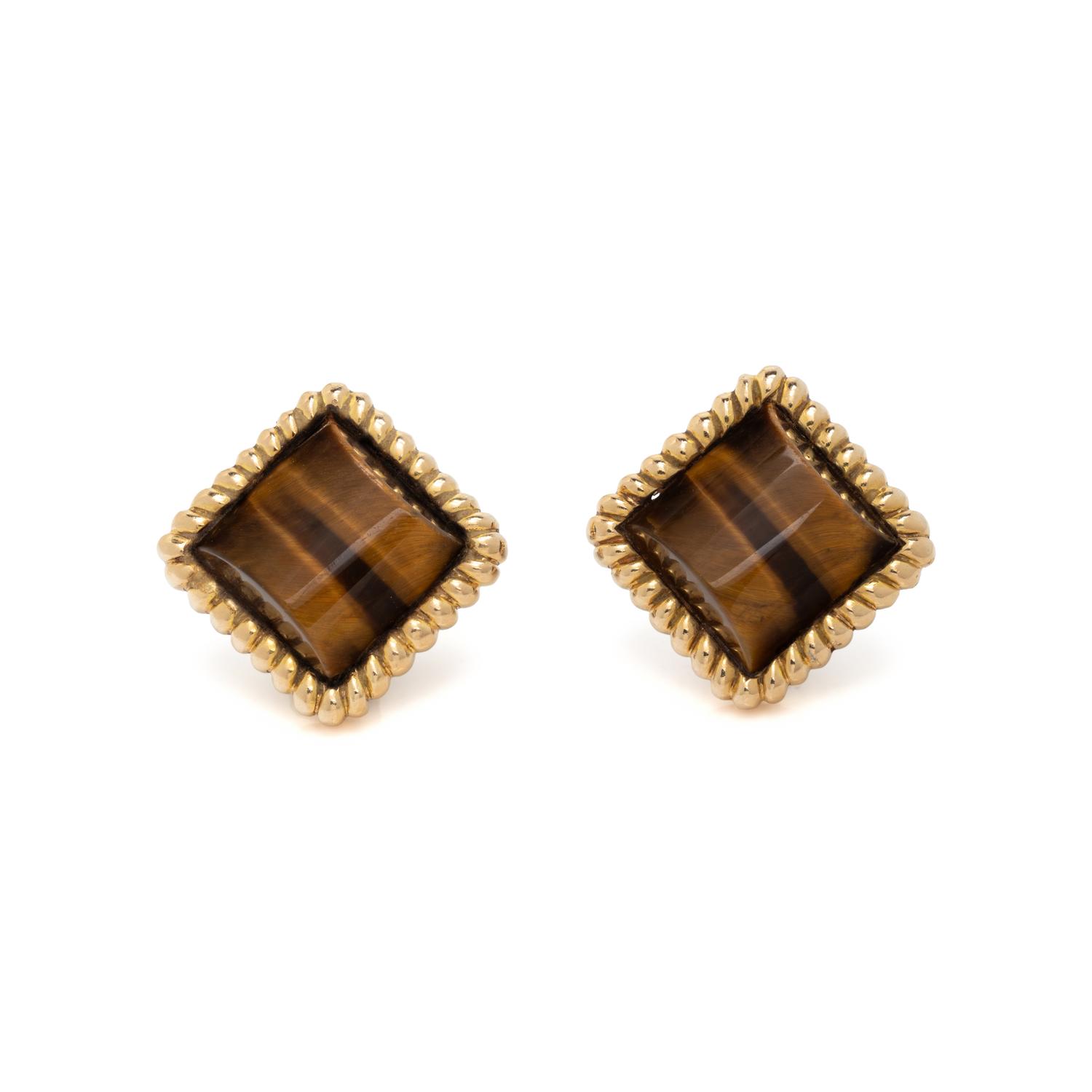 TIGER'S EYE AND YELLOW GOLD CLIP EARRINGS
