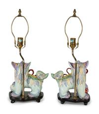 A Pair of Chinese Export Porcelain Buddhistic Lions Mounted as Lamps