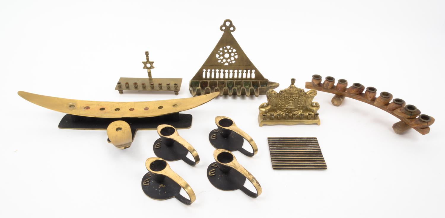 A Collection of Five Menorahs Width of widest 13 1/4 inches. — 20TH CENTURY