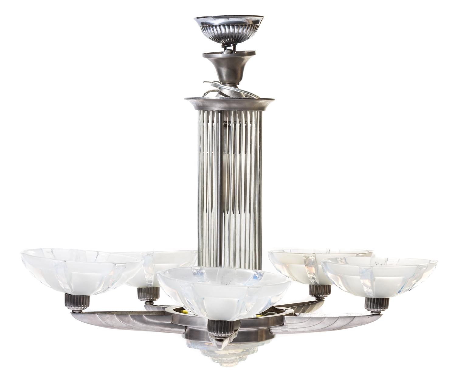 A French Art Deco Opalescent Glass Mounted Chandelier Height 21 inches.