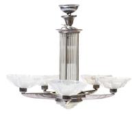 A French Art Deco Opalescent Glass Mounted Chandelier Height 21 inches.