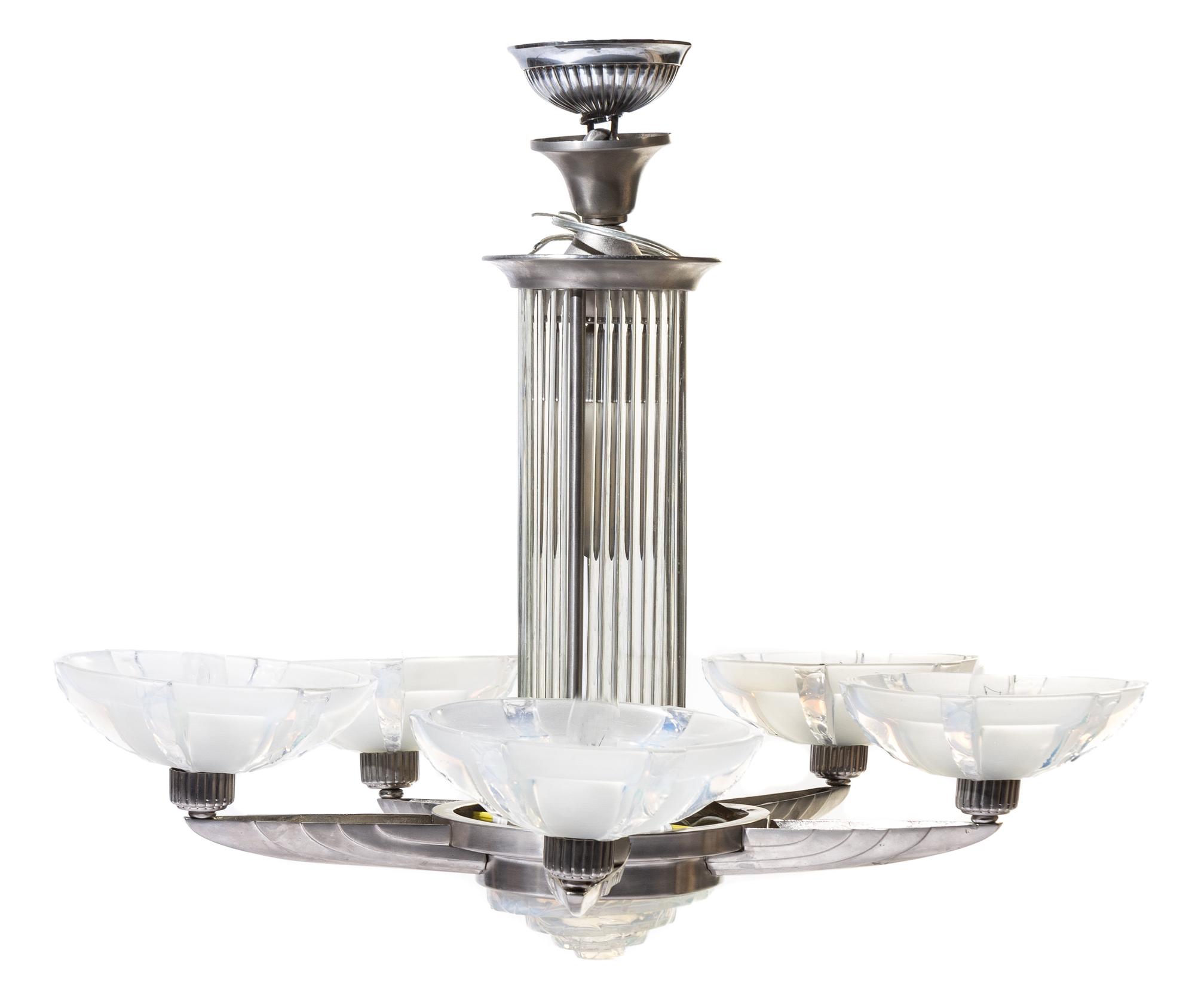 A French Art Deco Opalescent Glass Mounted Chandelier Height 21 inches.