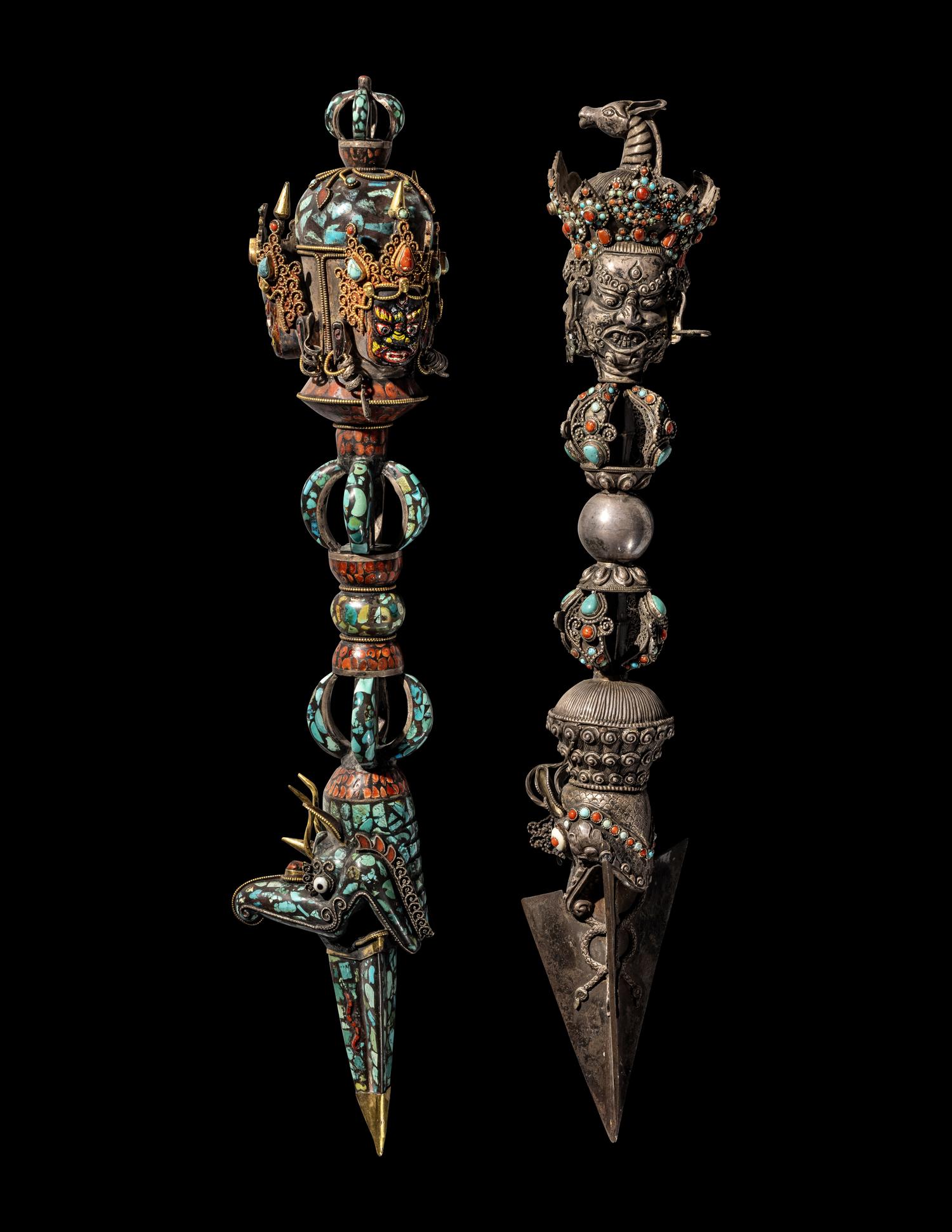 Two Tibetan Hardstone Inset Bronze Phurbas