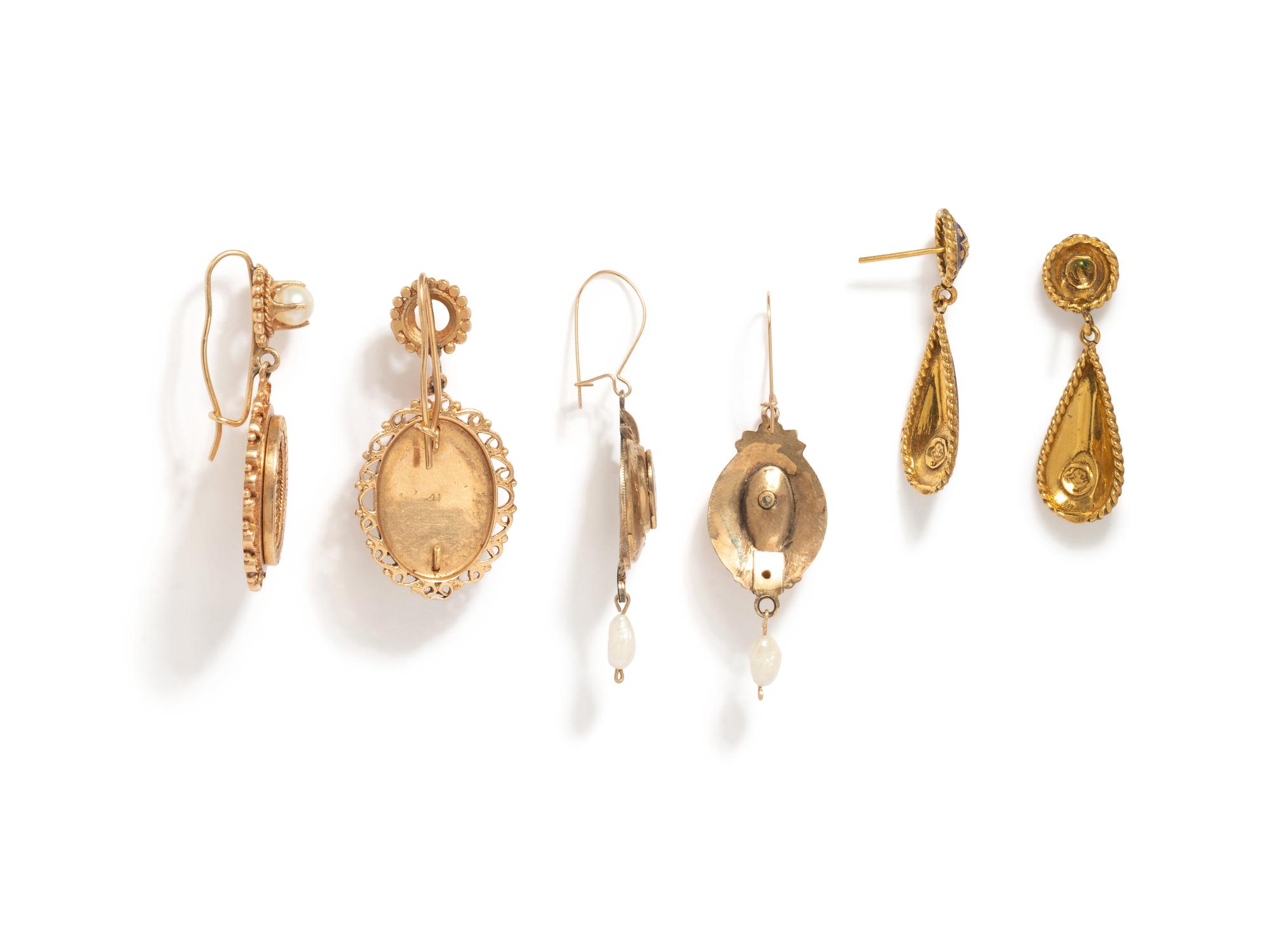 ANTIQUE, COLLECTION OF YELLOW GOLD AND ENAMEL EARRINGS