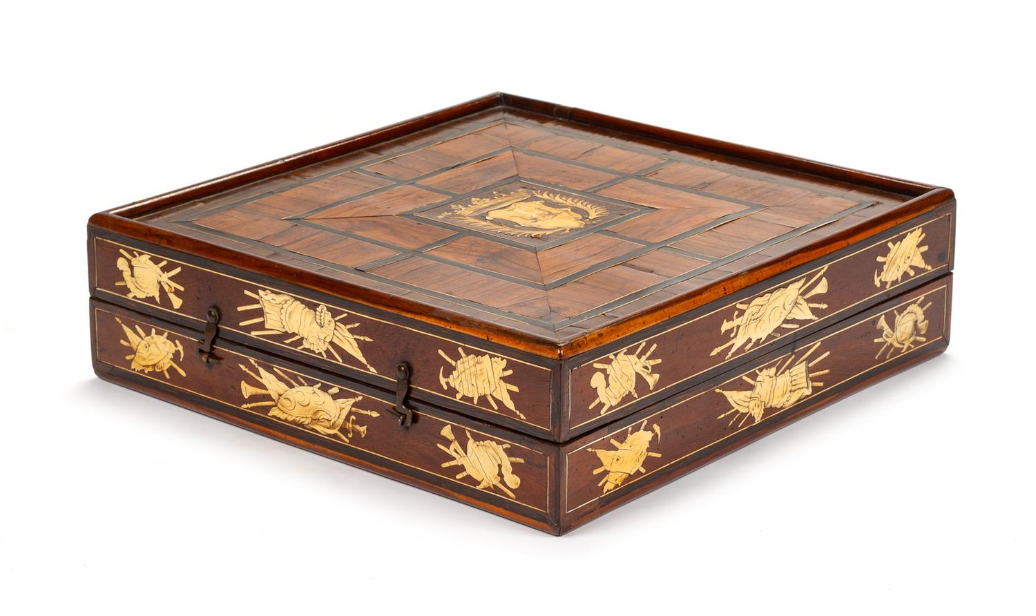 An Italian Marquetry Game Box Width 17 1/4 x depth 17 1/4 inches. — 18TH CENTURY