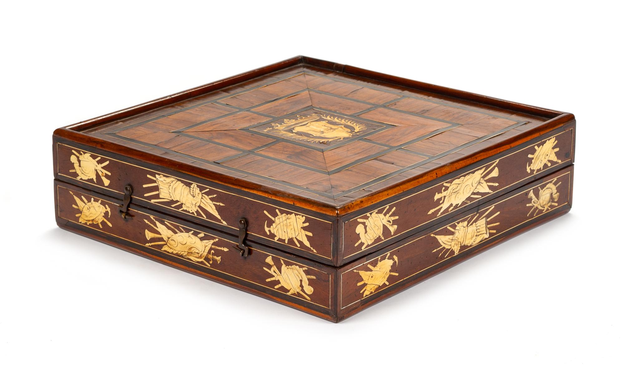 An Italian Marquetry Game Box Width 17 1/4 x depth 17 1/4 inches. — 18TH CENTURY
