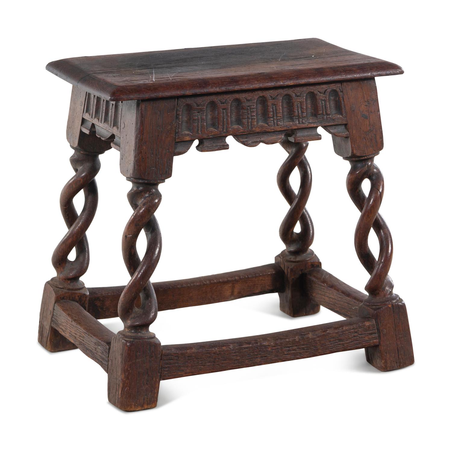 A William and Mary Pierced Spiral Twist Carved Oak Stool