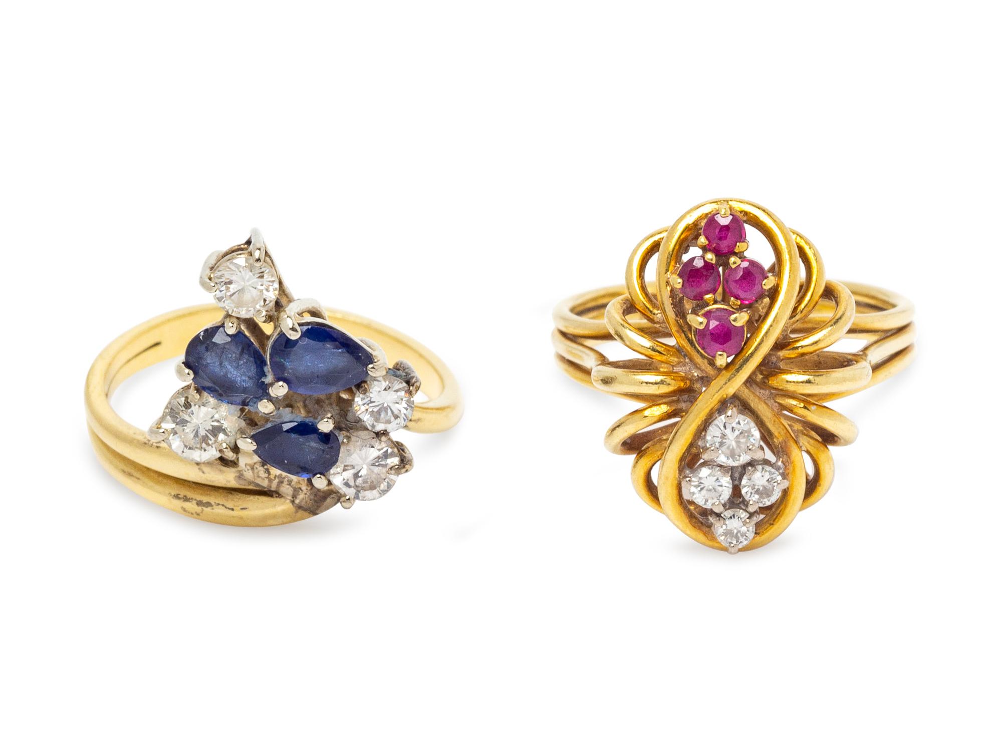 A Collection of 18 Karat Yellow Gold, Diamond and Gemstone Rings,