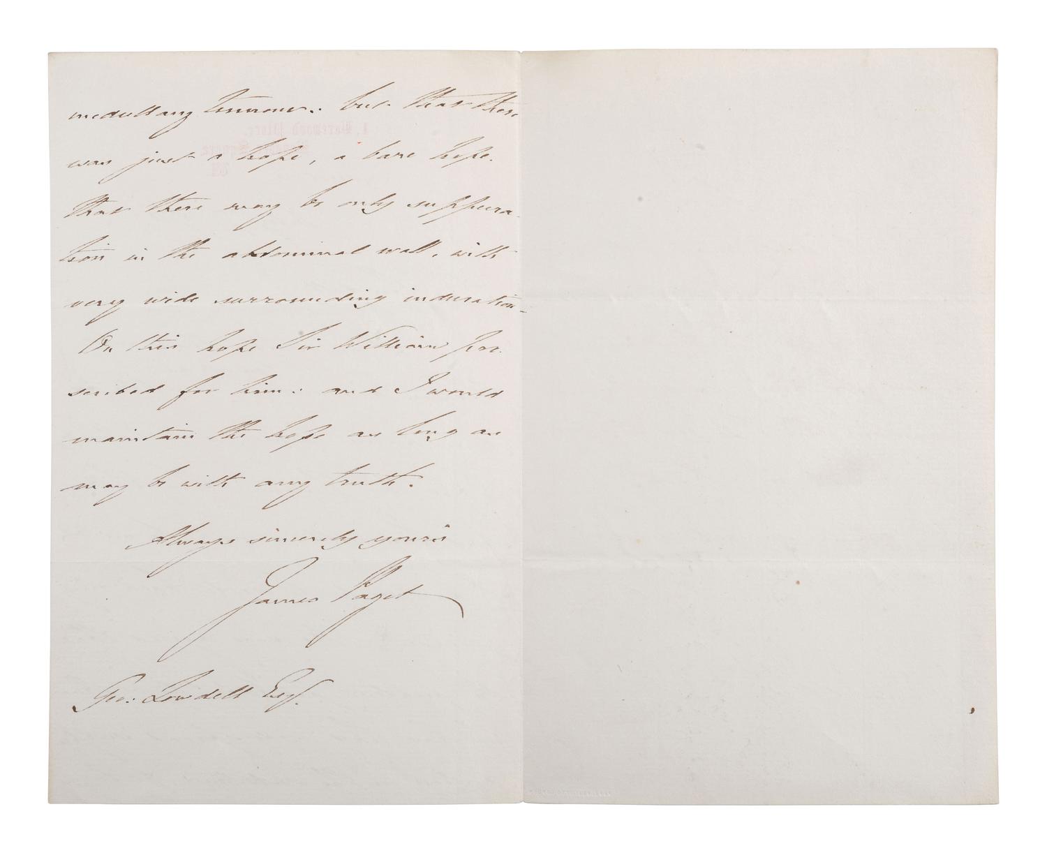 [MEDICINE]. PAGET, James (1814-1899). 2 autograph letters signed.