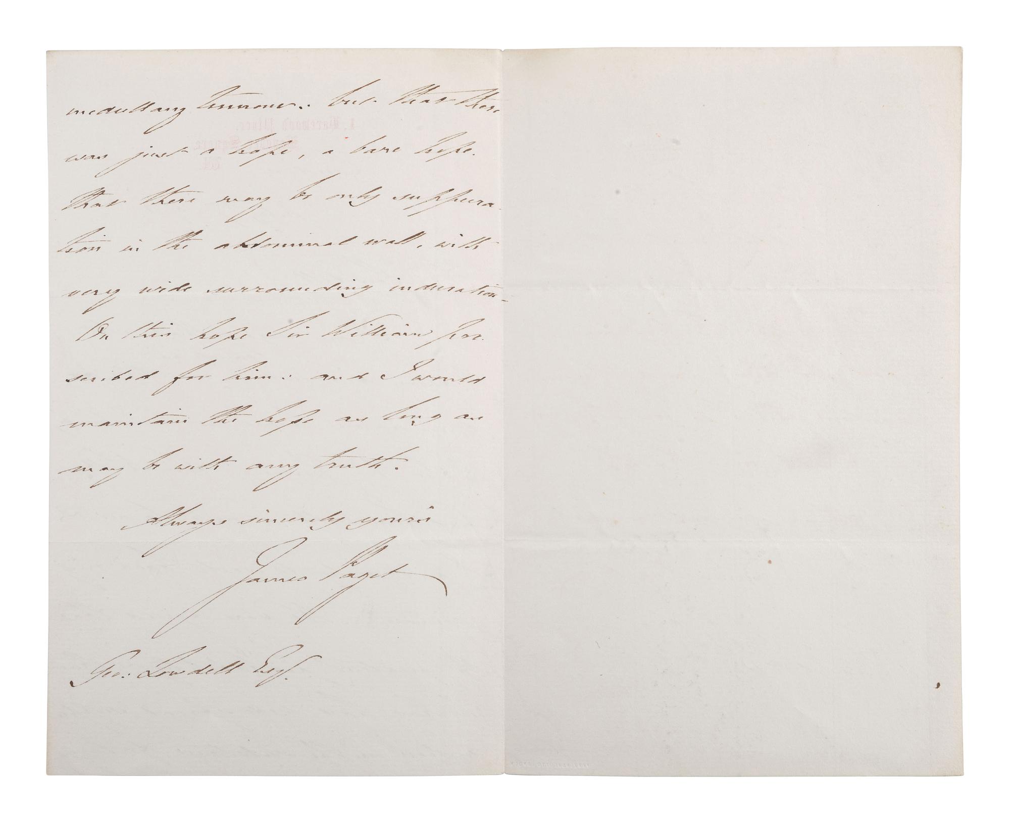 [MEDICINE]. PAGET, James (1814-1899). 2 autograph letters signed.