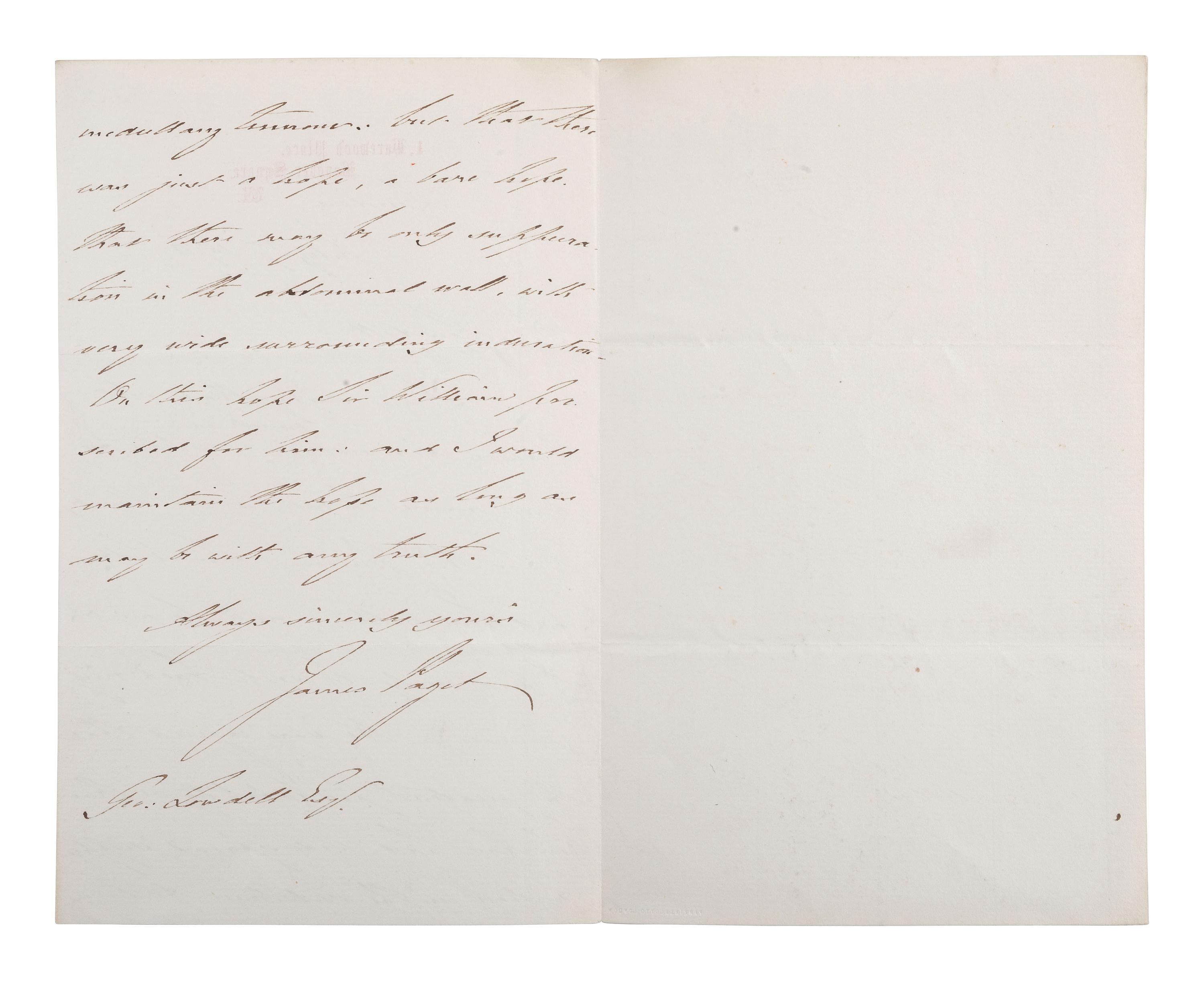 [MEDICINE]. PAGET, James (1814-1899). 2 autograph letters signed.