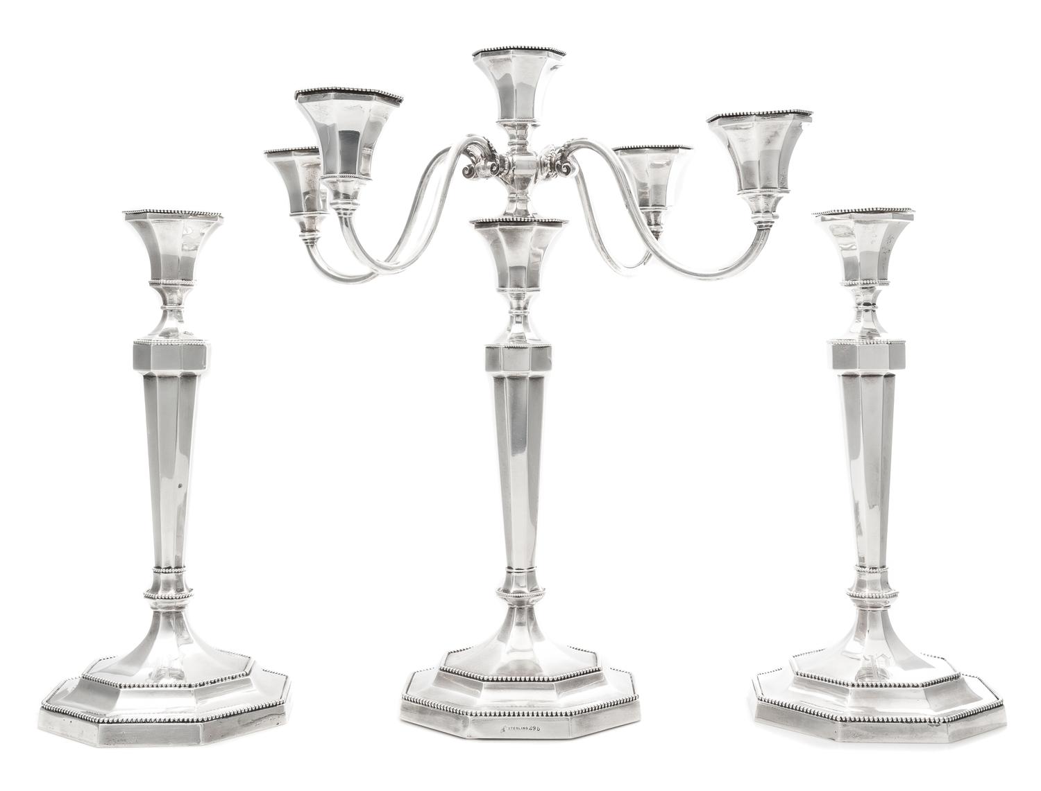 Three American Silver Candlesticks, Lebolt & Co., Chicago, IL, 20th Century, each of paneled baluster form with beaded rims and a weigh