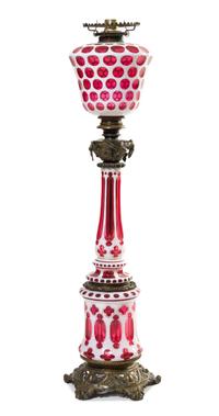 An American Double Overlay Glass Fluid Lamp Height 35 inches.