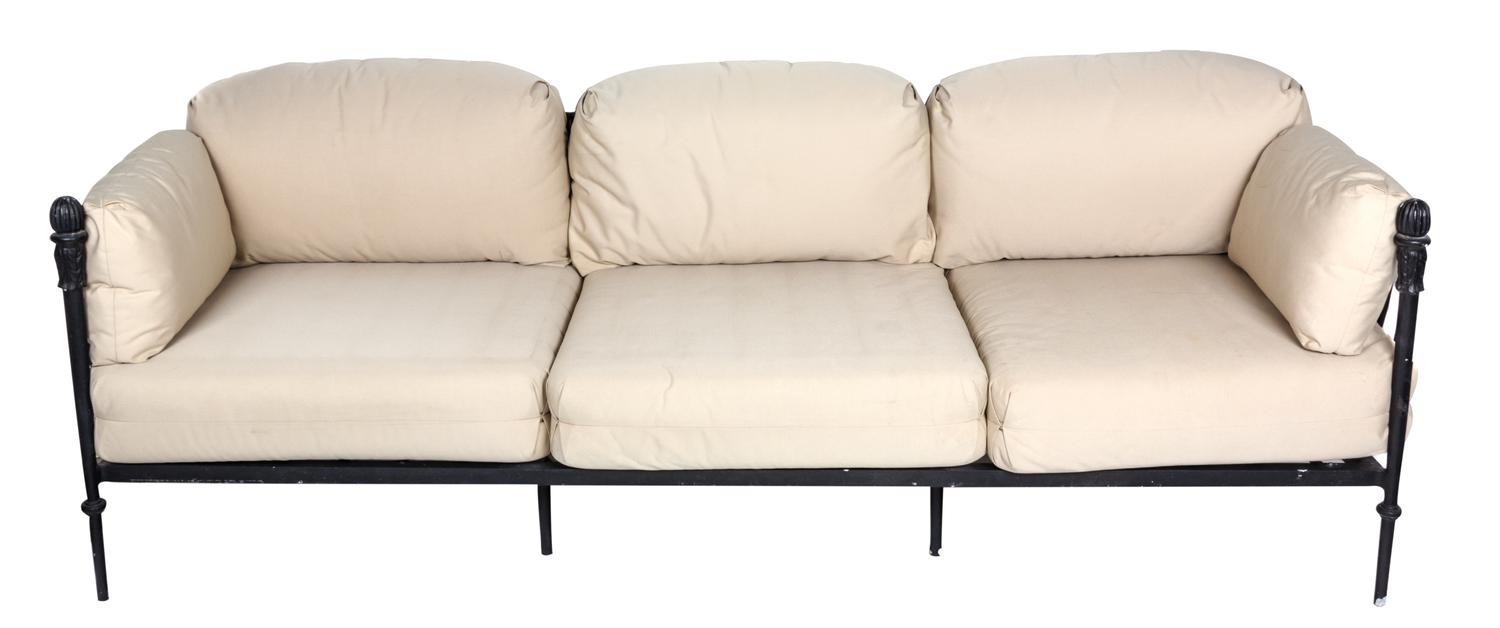 A Group of Neoclassical Style Metal Patio Furniture Height of first 27 x width 90 x depth 32 inches.