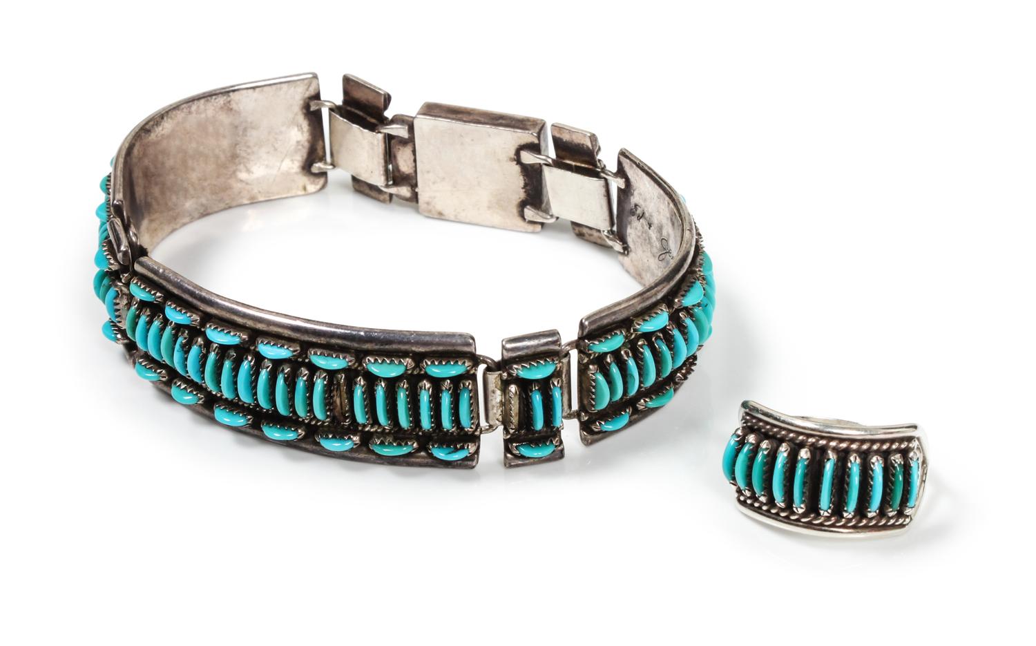 A Zuni Four Piece Petit Point Set Length of necklace 17 1/2 inches.