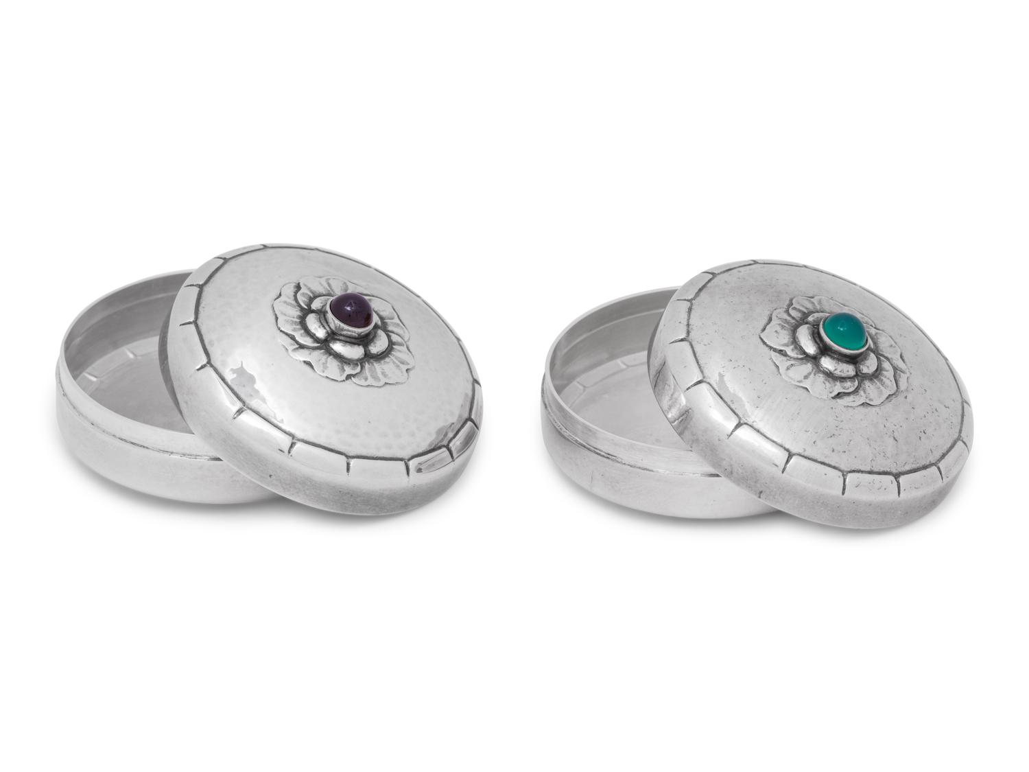 A Pair of Georg Jensen Silver and Hardstone Cabochon-Inset Pill Boxes