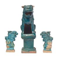 Three Chinese Turquoise Glazed Figures of Fu Lions, Ming Dynasty 明 藍琉璃佛獅三尊