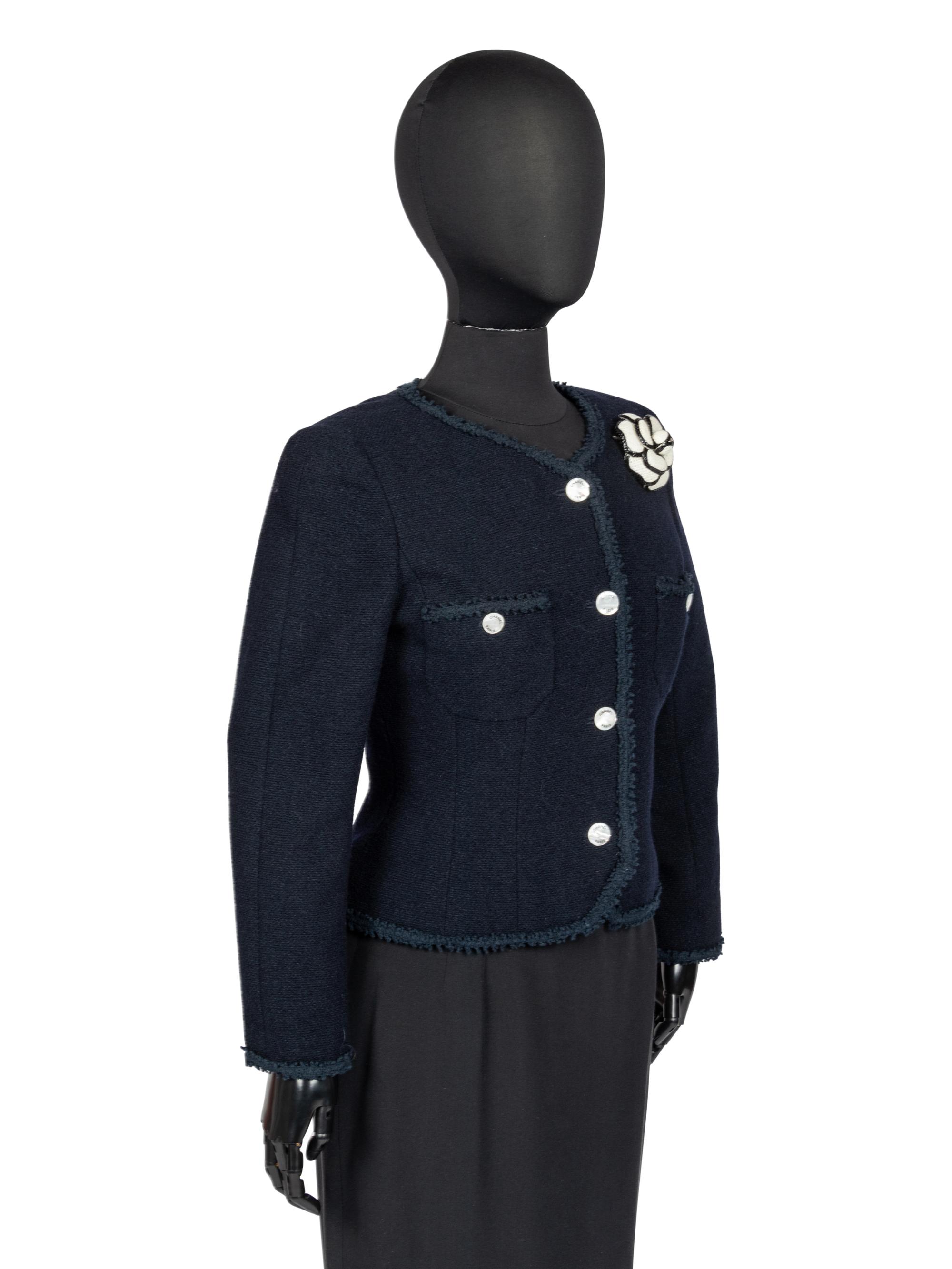 Chanel Blue Tweed Jacket and Camellia Brooch, 1990s