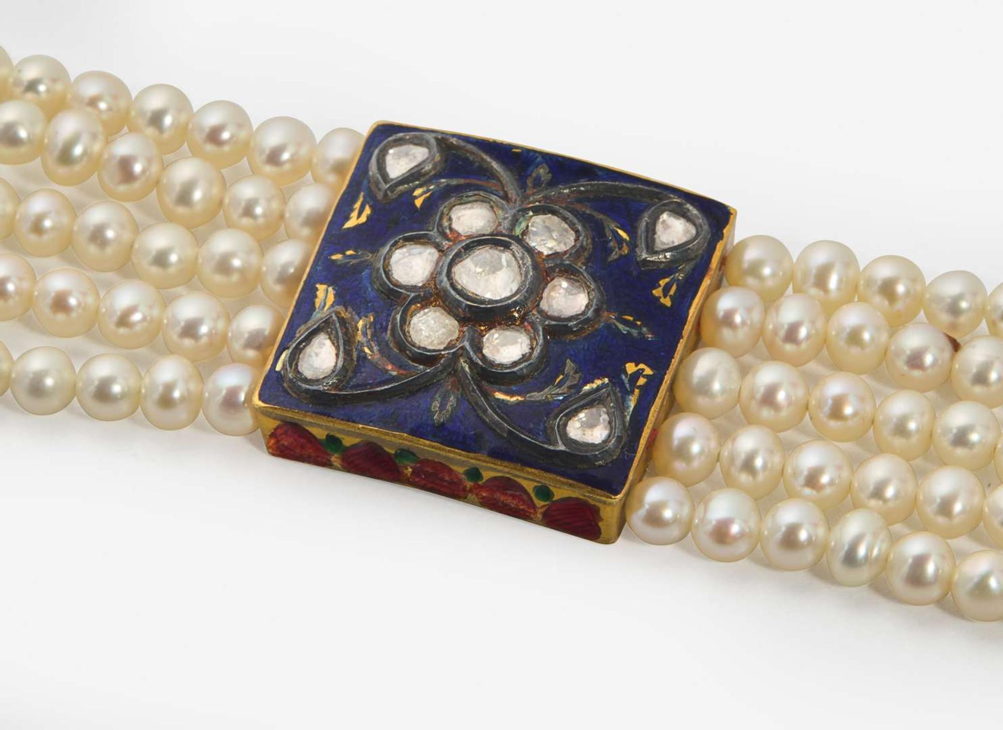 A 22K Yellow Gold, Pearl, Diamond, and Enamel Mughal-Style Bracelet