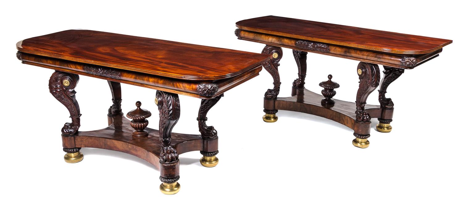A Pair of American Classical Carved and Brass-Inlaid Mahogany Console Tables Height 29 1/4 x width 60 x depth 12 feet 7 inches. — ATTRIBUTED TO ANTHONY QUERVELLE, PHILADELPHIA, CIRCA 1830