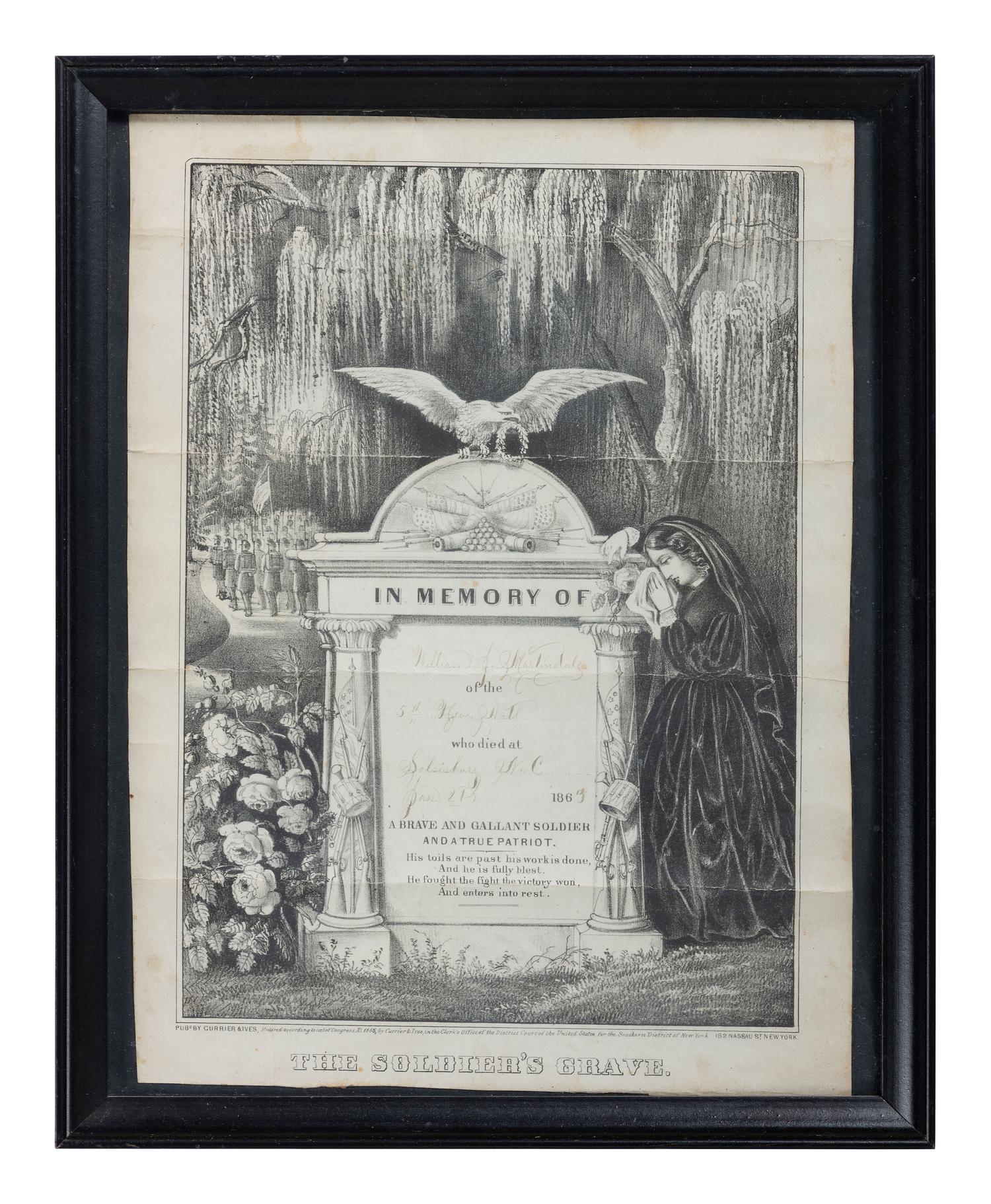 [CIVIL WAR]. CURRIER & IVES, publishers. The Soldier's Grave. Partially printed lithograph identified to Private William J. Martindale, 5th New York Heavy Artillery, POW Cedar Creek, VA, DOD Salisbury, NC.
