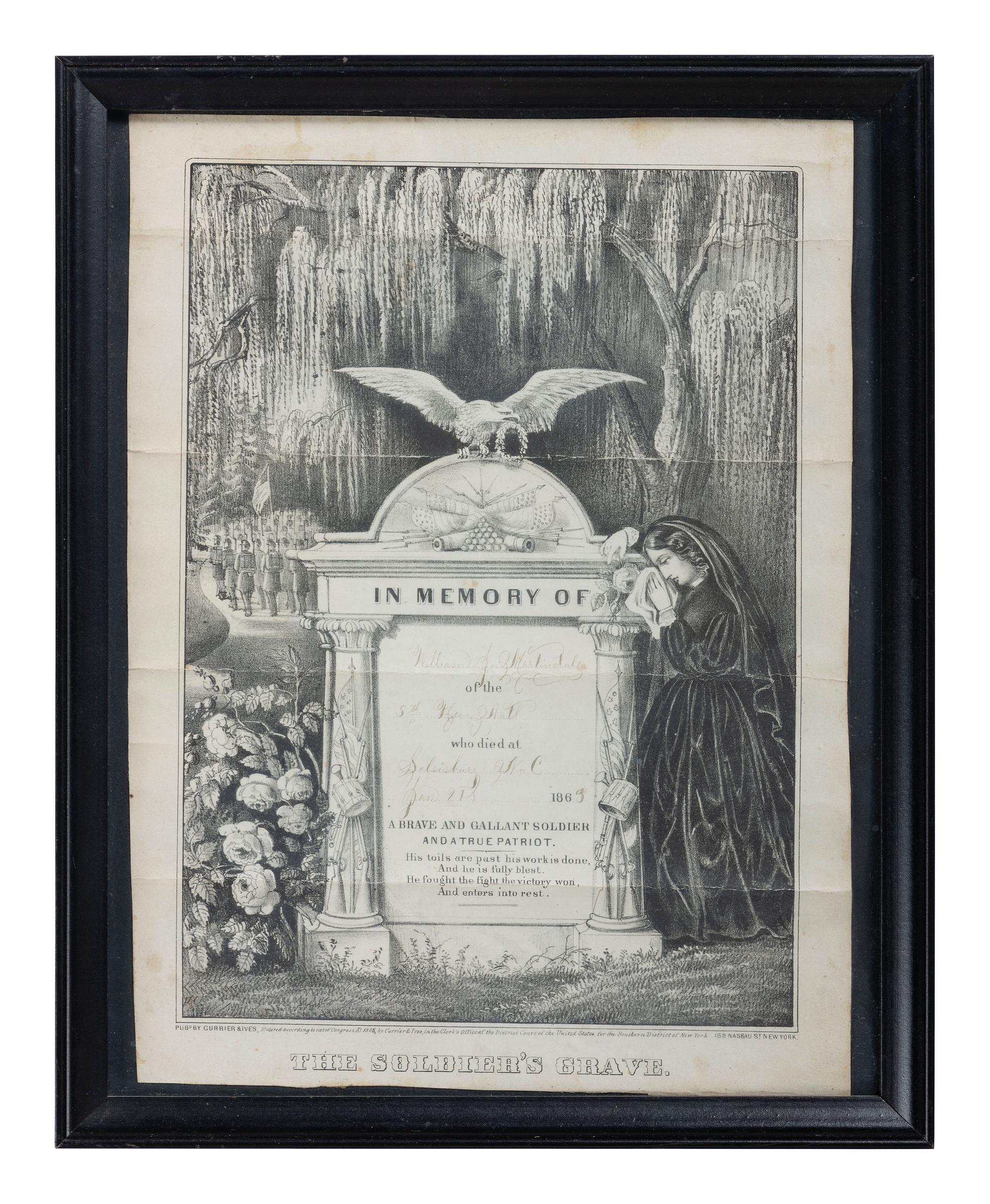 [CIVIL WAR]. CURRIER & IVES, publishers. The Soldier's Grave. Partially printed lithograph identified to Private William J. Martindale, 5th New York Heavy Artillery, POW Cedar Creek, VA, DOD Salisbury, NC.
