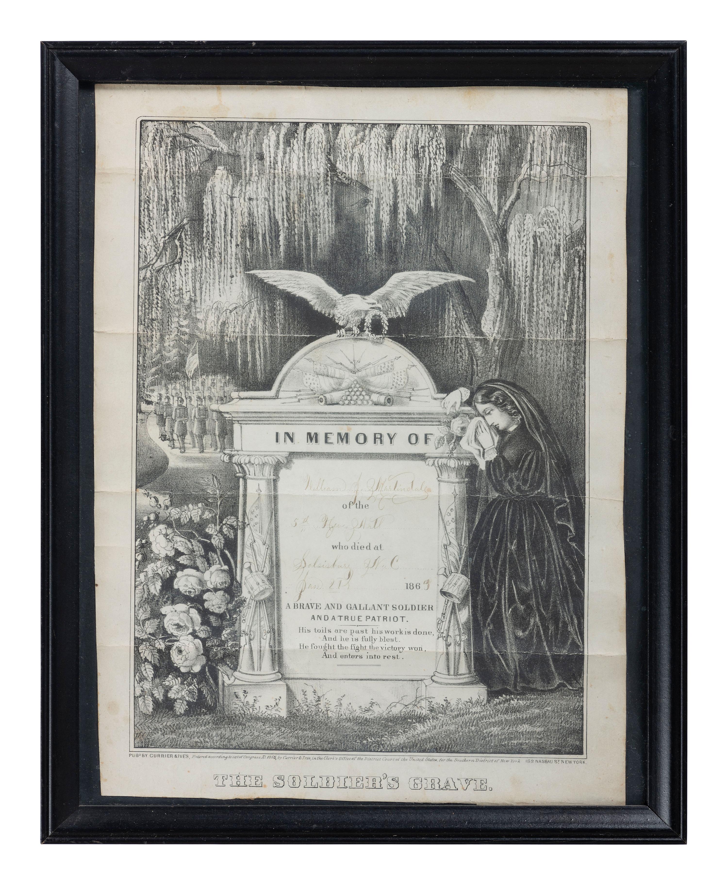 [CIVIL WAR]. CURRIER & IVES, publishers. The Soldier's Grave. Partially printed lithograph identified to Private William J. Martindale, 5th New York Heavy Artillery, POW Cedar Creek, VA, DOD Salisbury, NC.