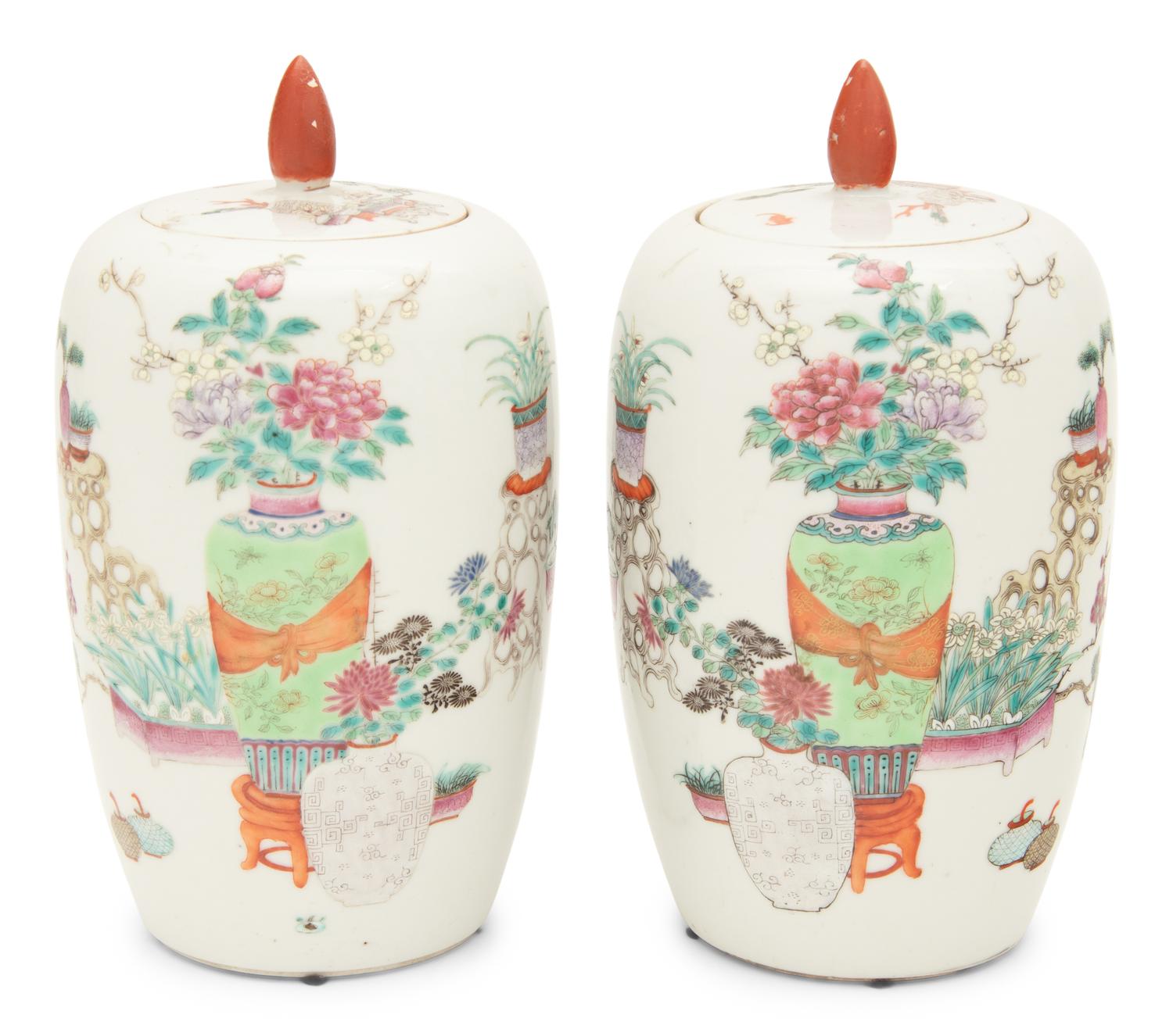 A Pair of Famille Rose Porcelain Ovoid Jars and Covers