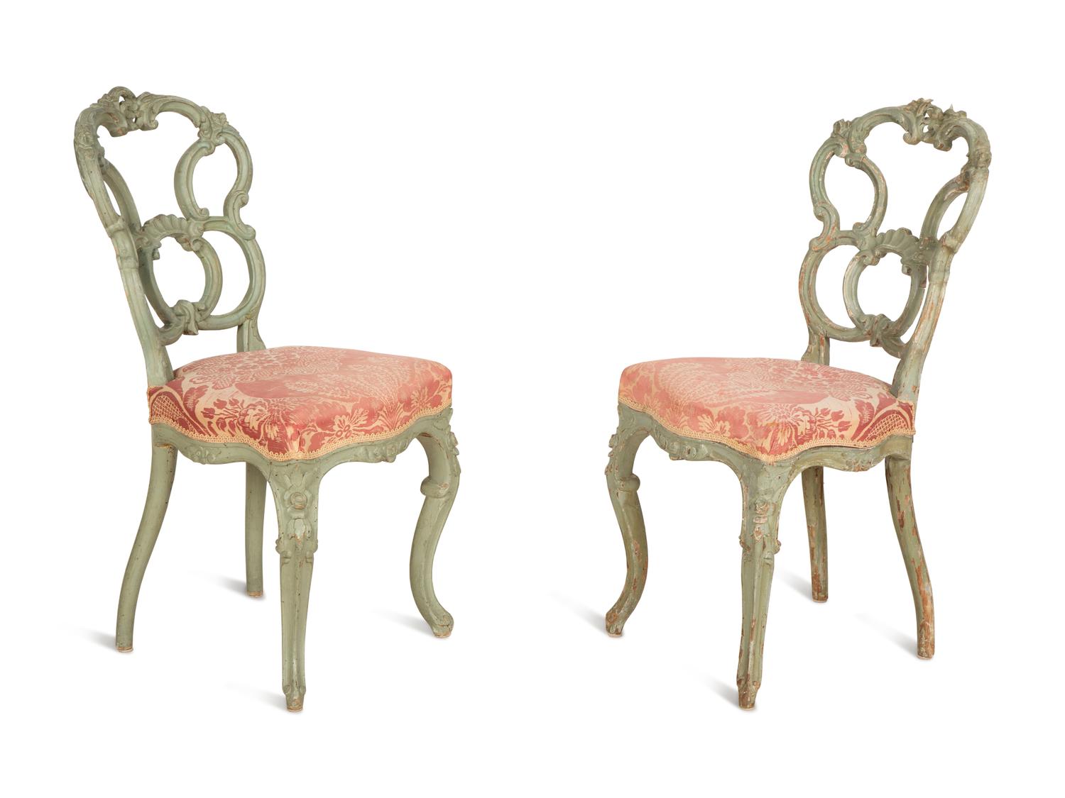 A Pair of Italian Rococo Style Green Painted Side Chairs — 19th Century