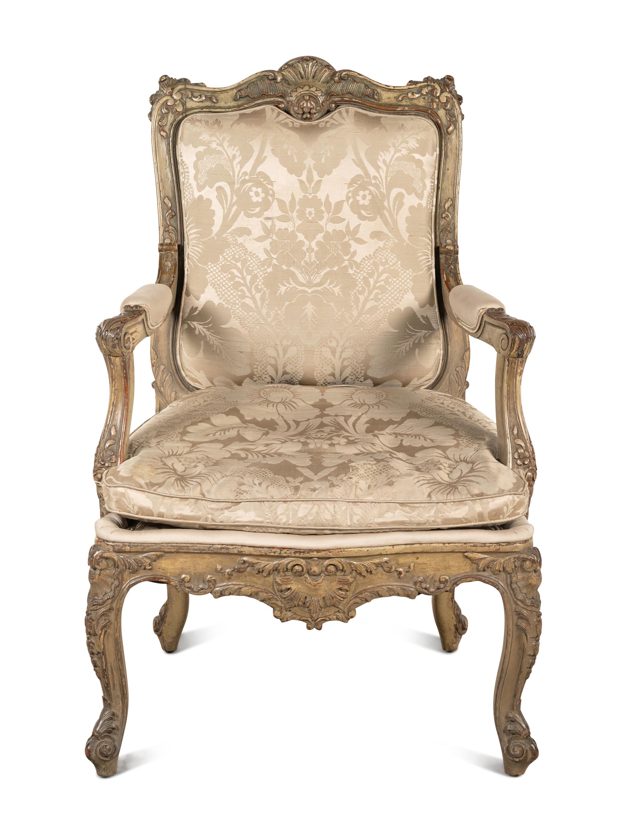A Louis XV Style Carved and Gray-Painted Fauteuil