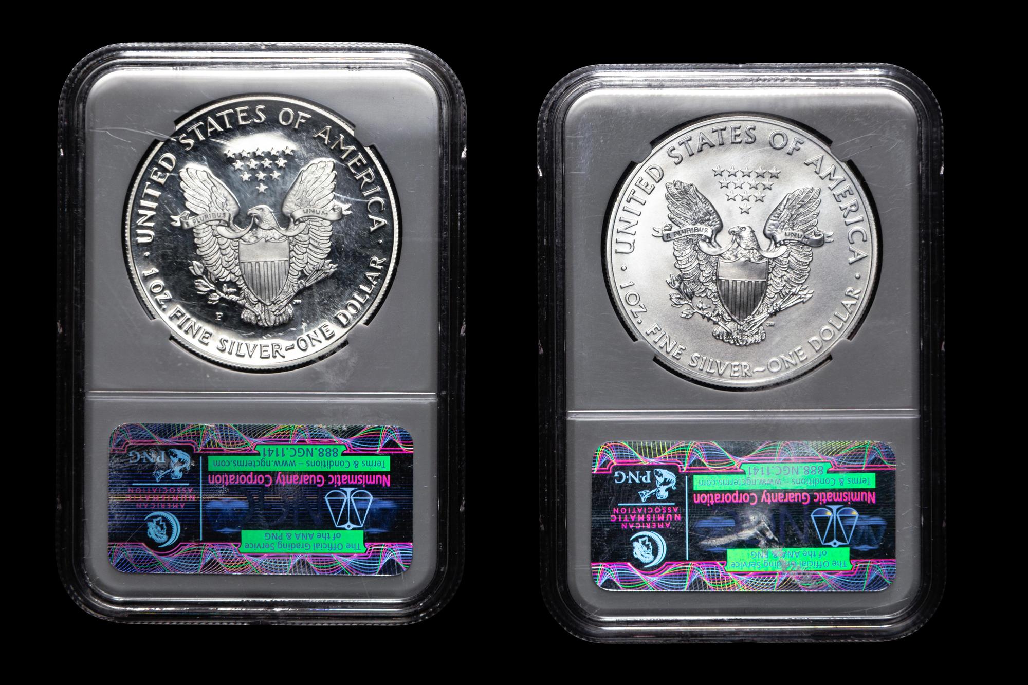 A 1993-P Silver Eagle Proof (NGC PF 69 Ultra Cameo) and 2011 Early Release Silver Eagle (NGC MS 70)