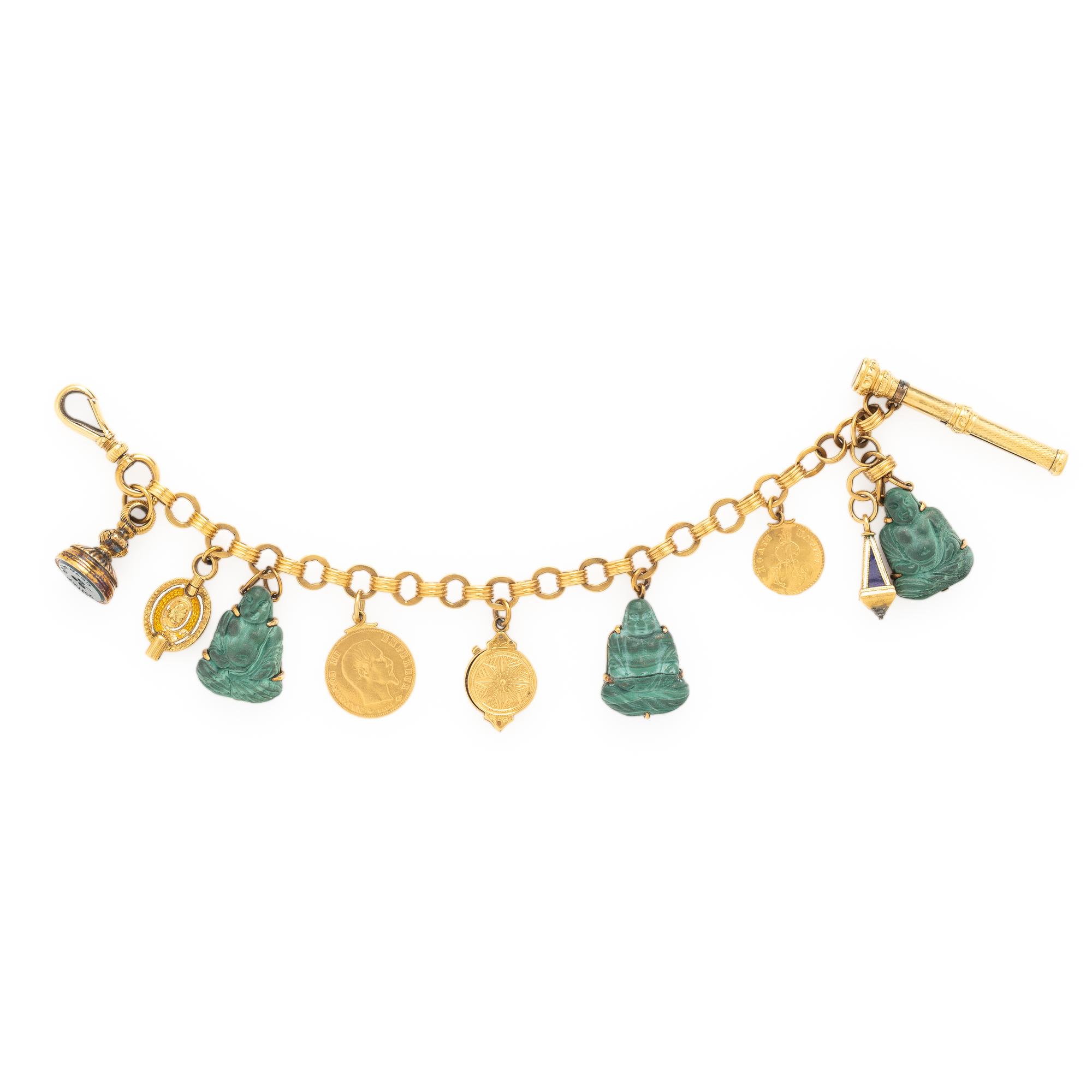 YELLOW GOLD, MULTIGEM, AND ENAMEL CHARM BRACELET