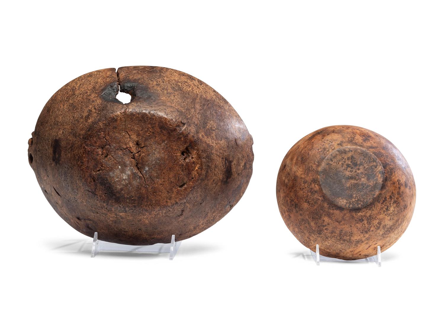 A Carved Wood Handled Burlwood Bowl