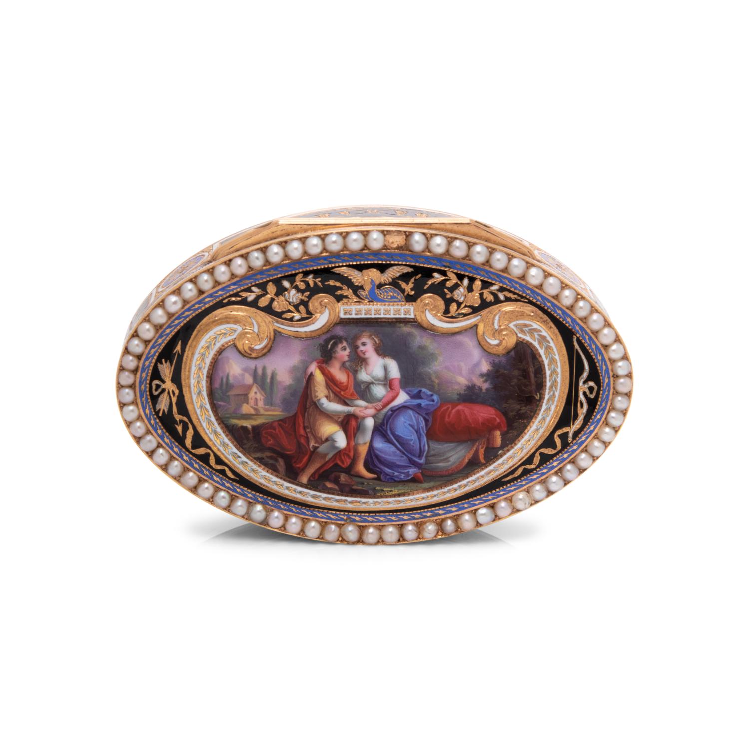 A Swiss Gold, Enamel and Split-Pearl Mounted Snuff Box