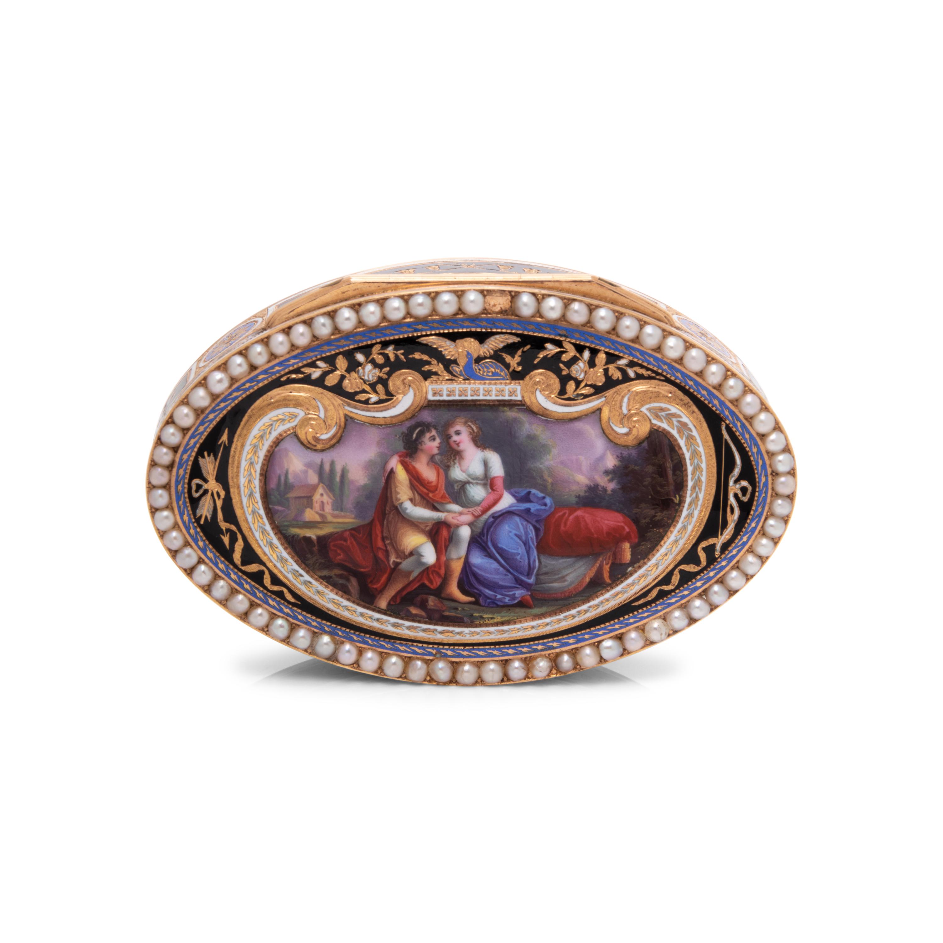 A Swiss Gold, Enamel and Split-Pearl Mounted Snuff Box