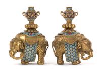 A Pair of Cloisonne Enamel and Gilt Bronze Models of Elephants Height 10 inches. — 18TH/19TH CENTURY