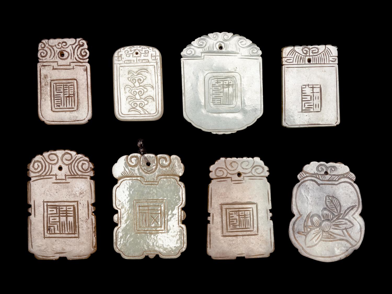 Eight Chinese Celadon Jade Carved Plaques