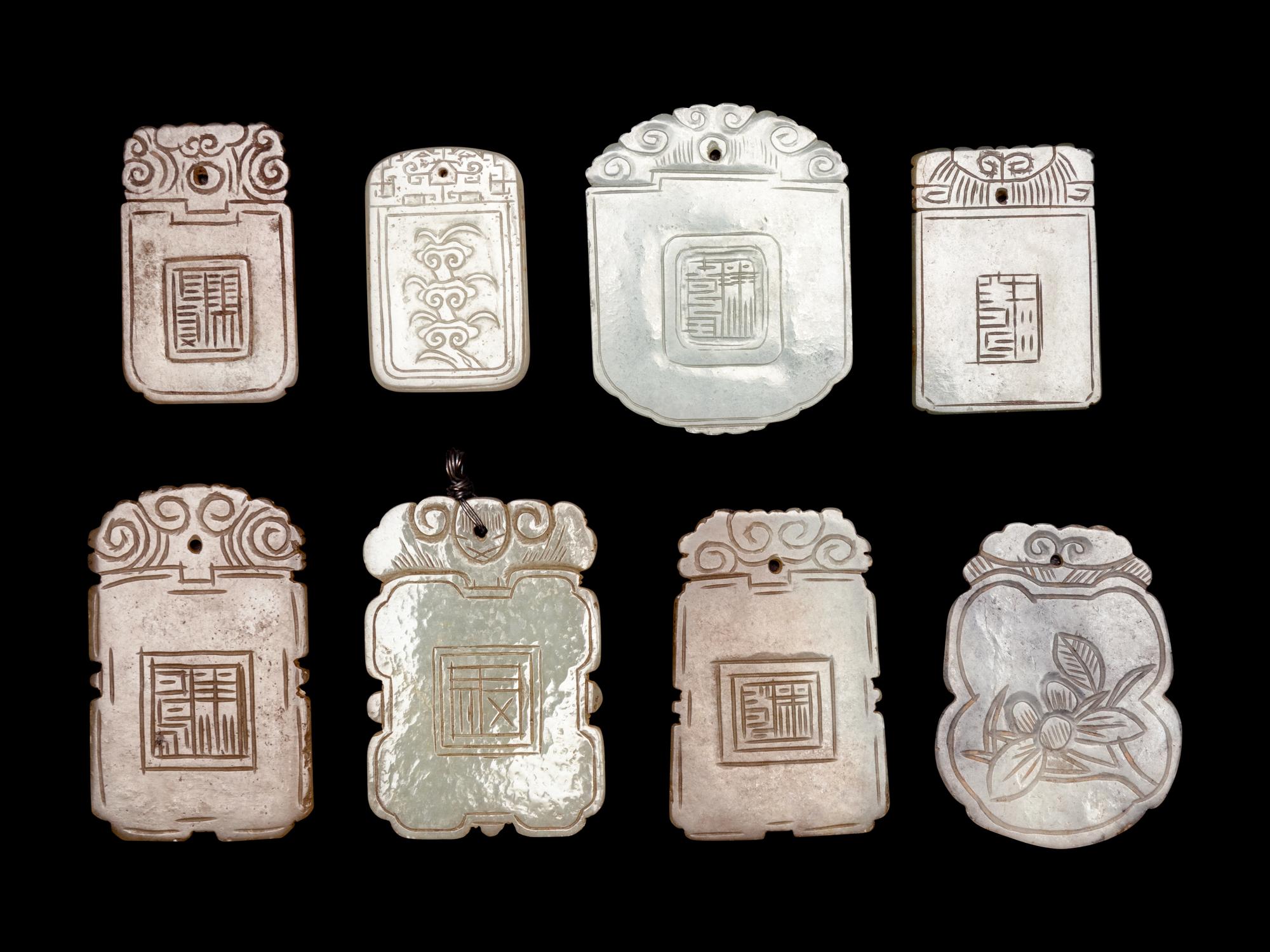 Eight Chinese Celadon Jade Carved Plaques