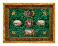 An Enamel Plaque and Gilt Metal Mounted Malachite Veneered Panel in a Giltwood Hinged Frame