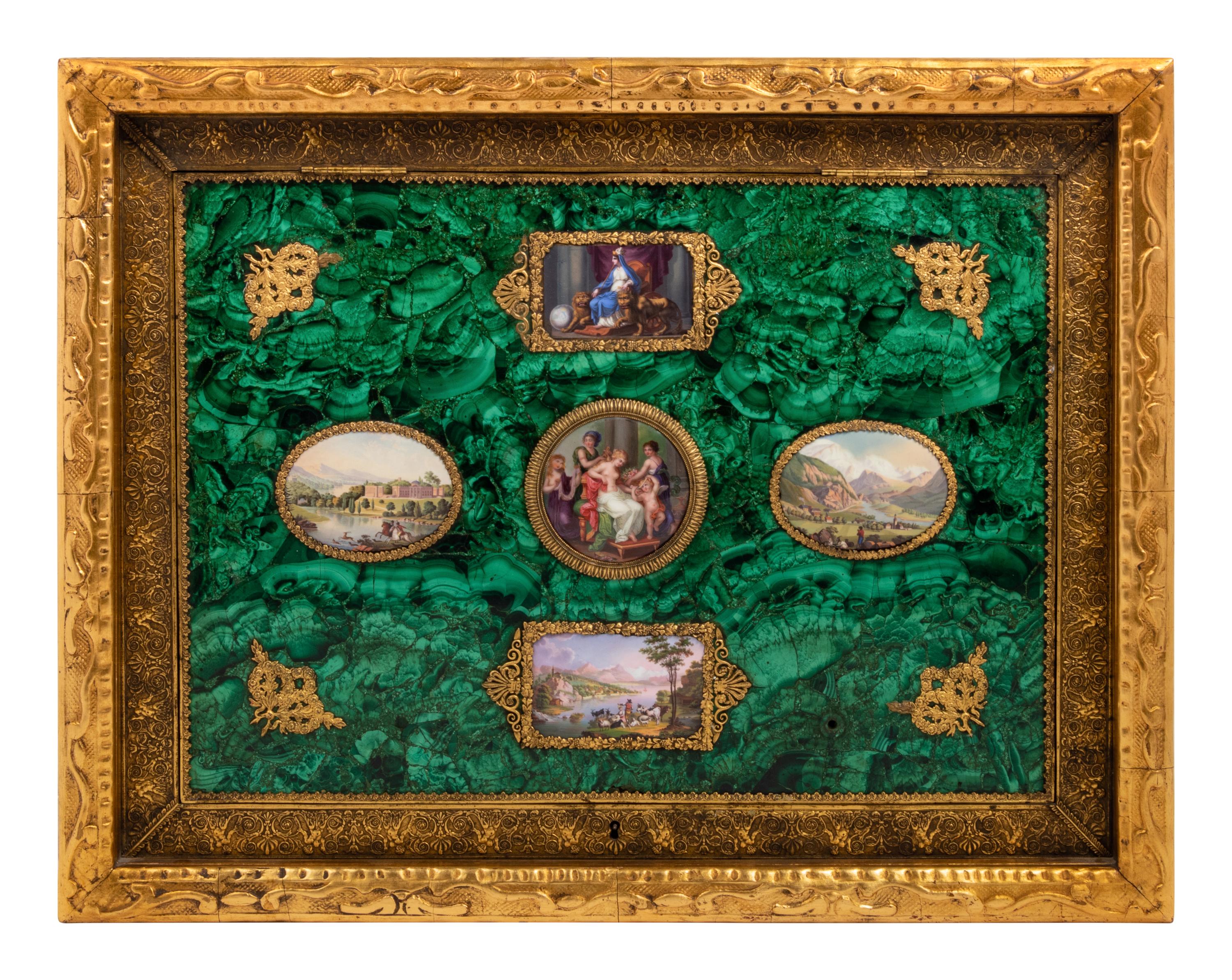 An Enamel Plaque and Gilt Metal Mounted Malachite Veneered Panel in a Giltwood Hinged Frame