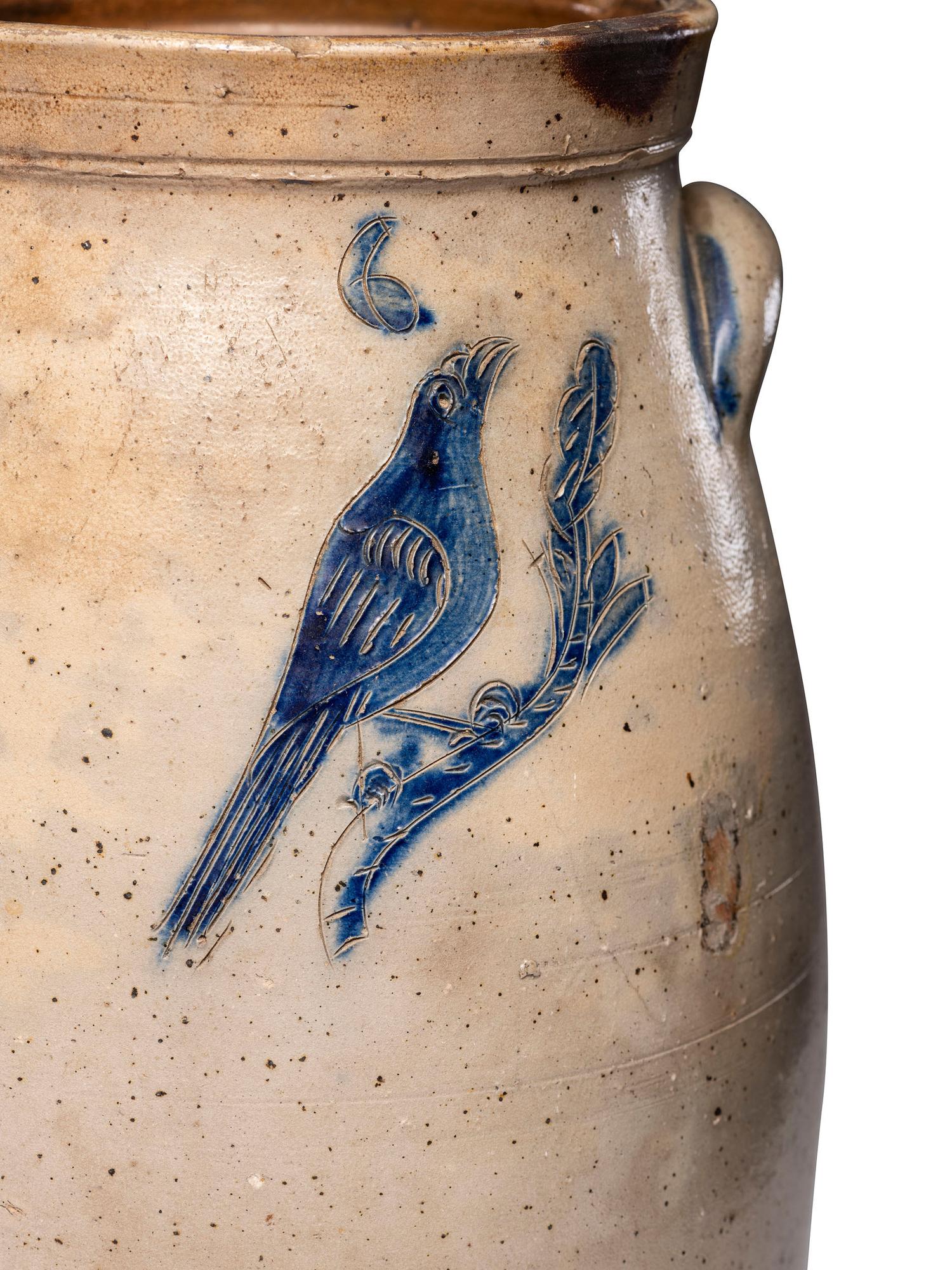 A Six-Gallon Bird Decorated Stoneware Churn