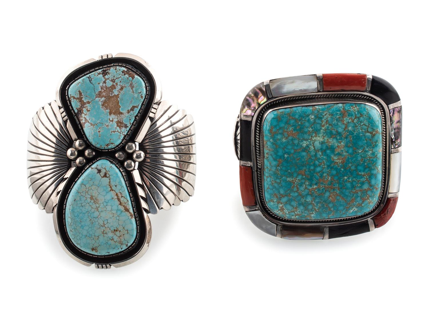 Large Navajo Silver and Turquoise Cuff Bracelets