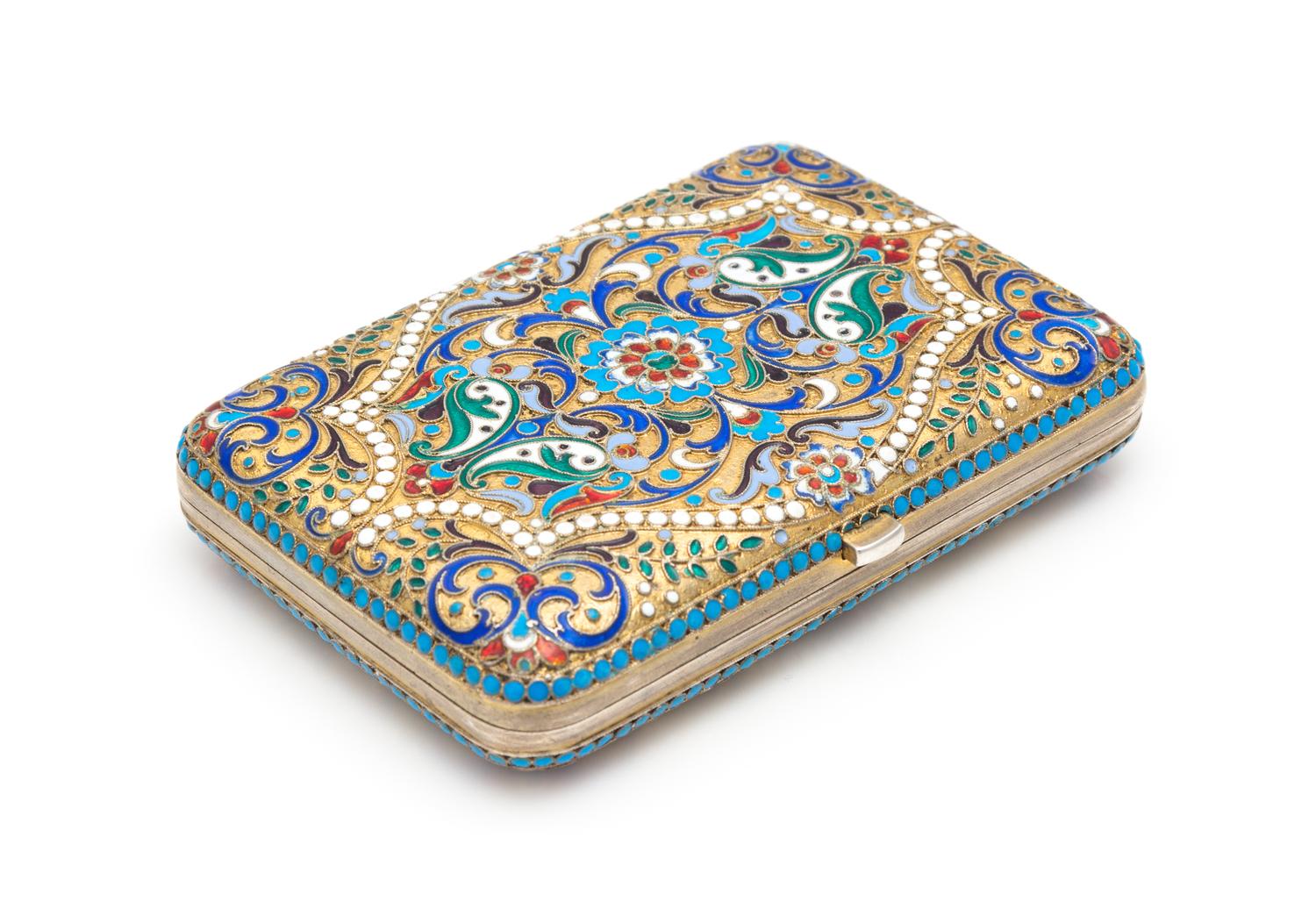 A Russian Silver-Gilt and Enameled Cigarette Case, Maker's Mark Cyrillic G.P., St. Petersburg, Late 19th/Early 20th Century, the case w