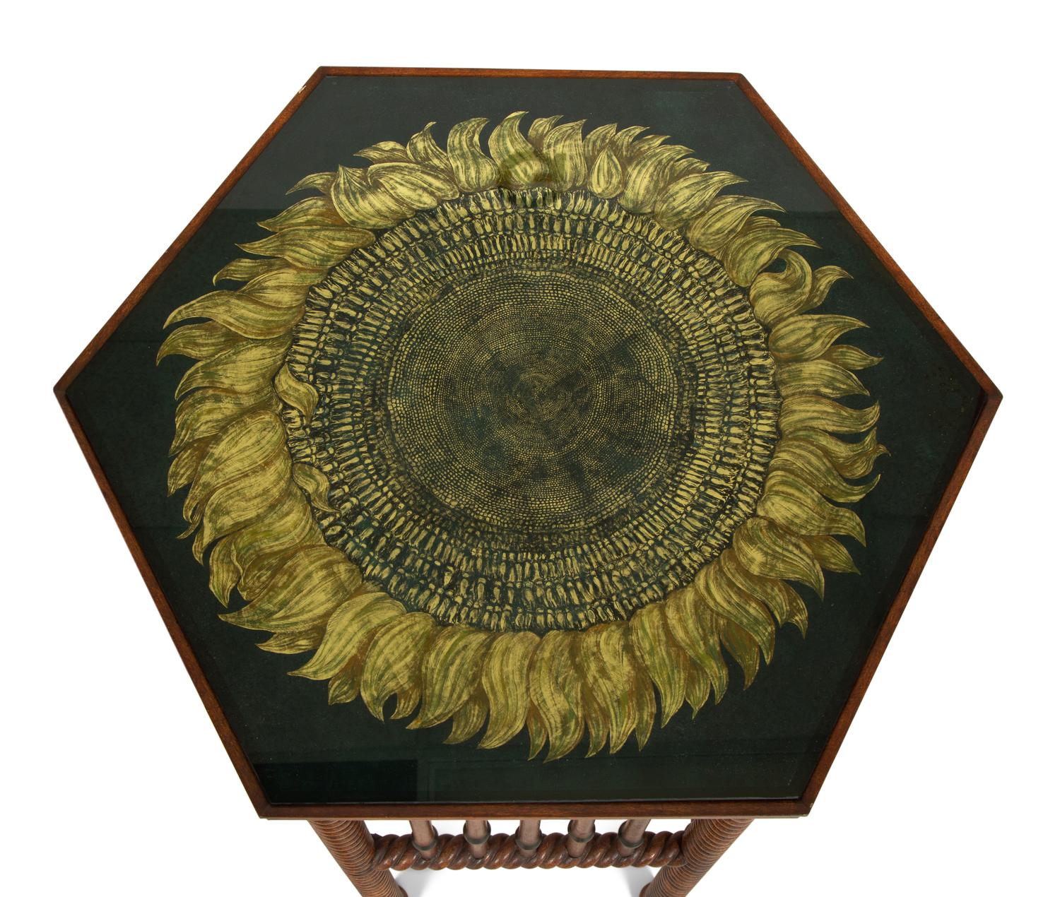 A Pair of Turned Walnut and Reverse-Painted Glass Side Tables